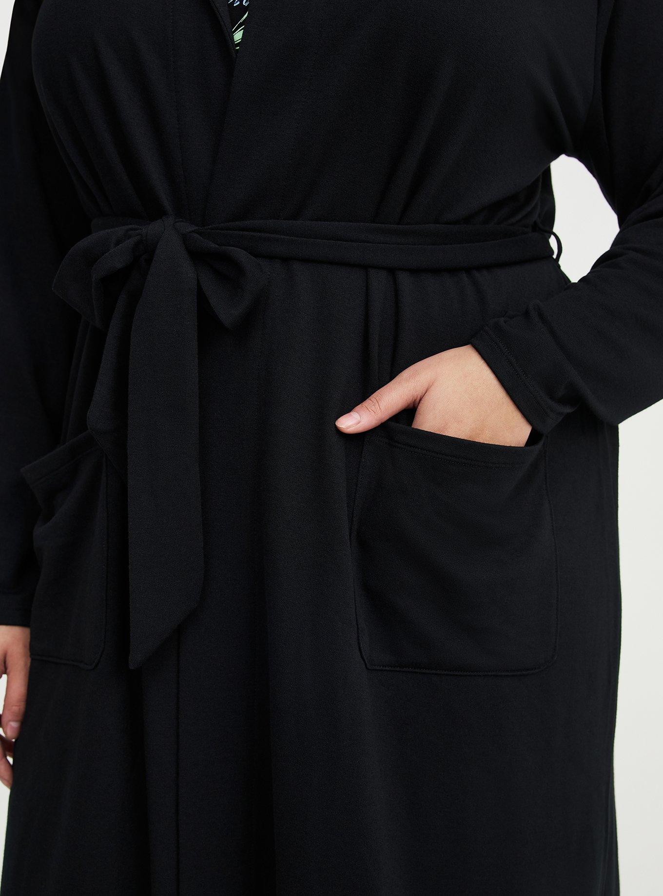 Lightweight French Terry Hooded Sleep Robe, DEEP BLACK, alternate