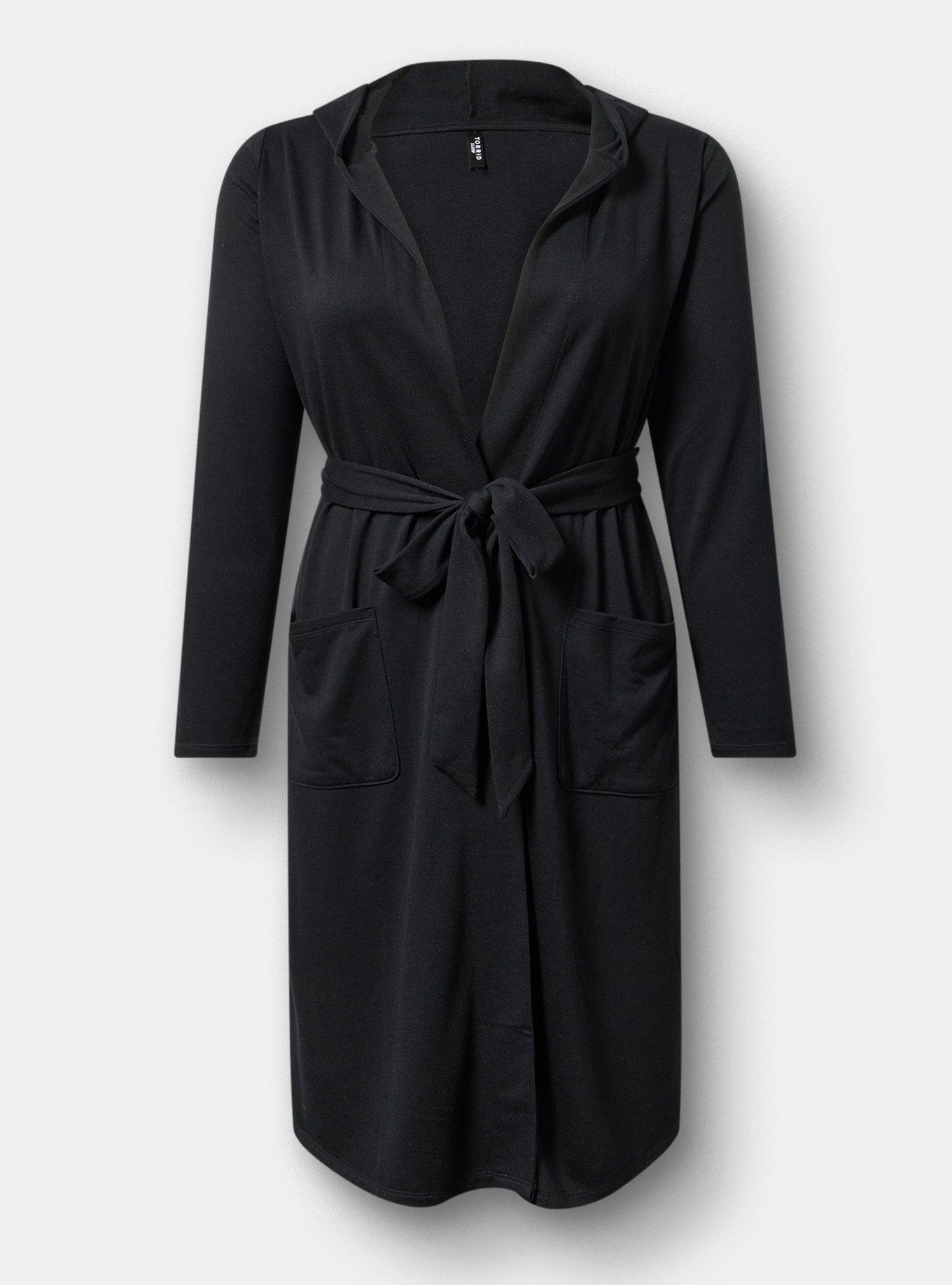 Lightweight French Terry Hooded Sleep Robe, DEEP BLACK, hi-res