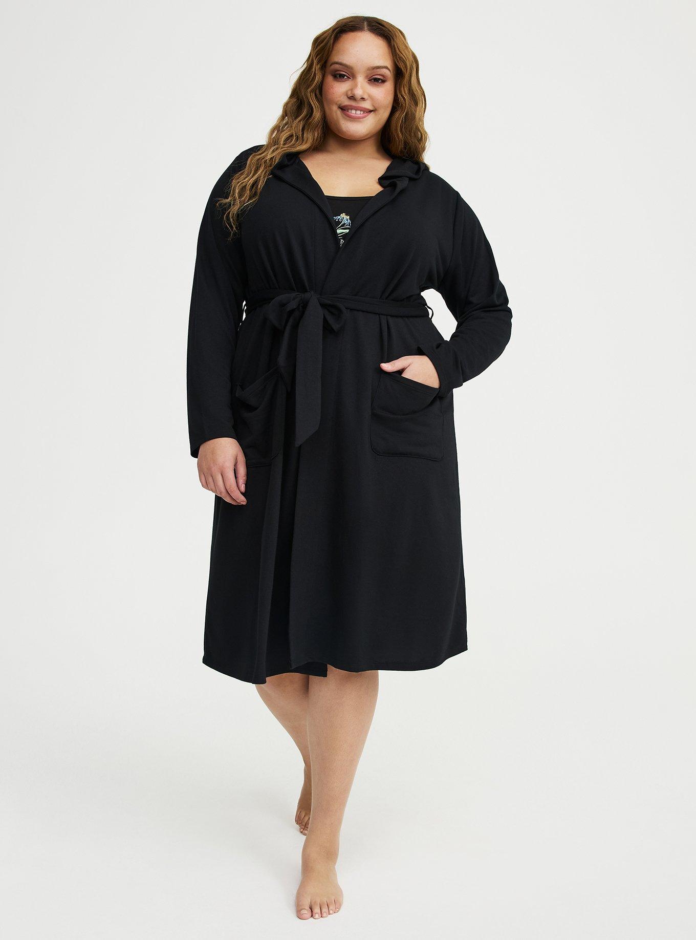 Lightweight French Terry Hooded Sleep Robe, DEEP BLACK, hi-res