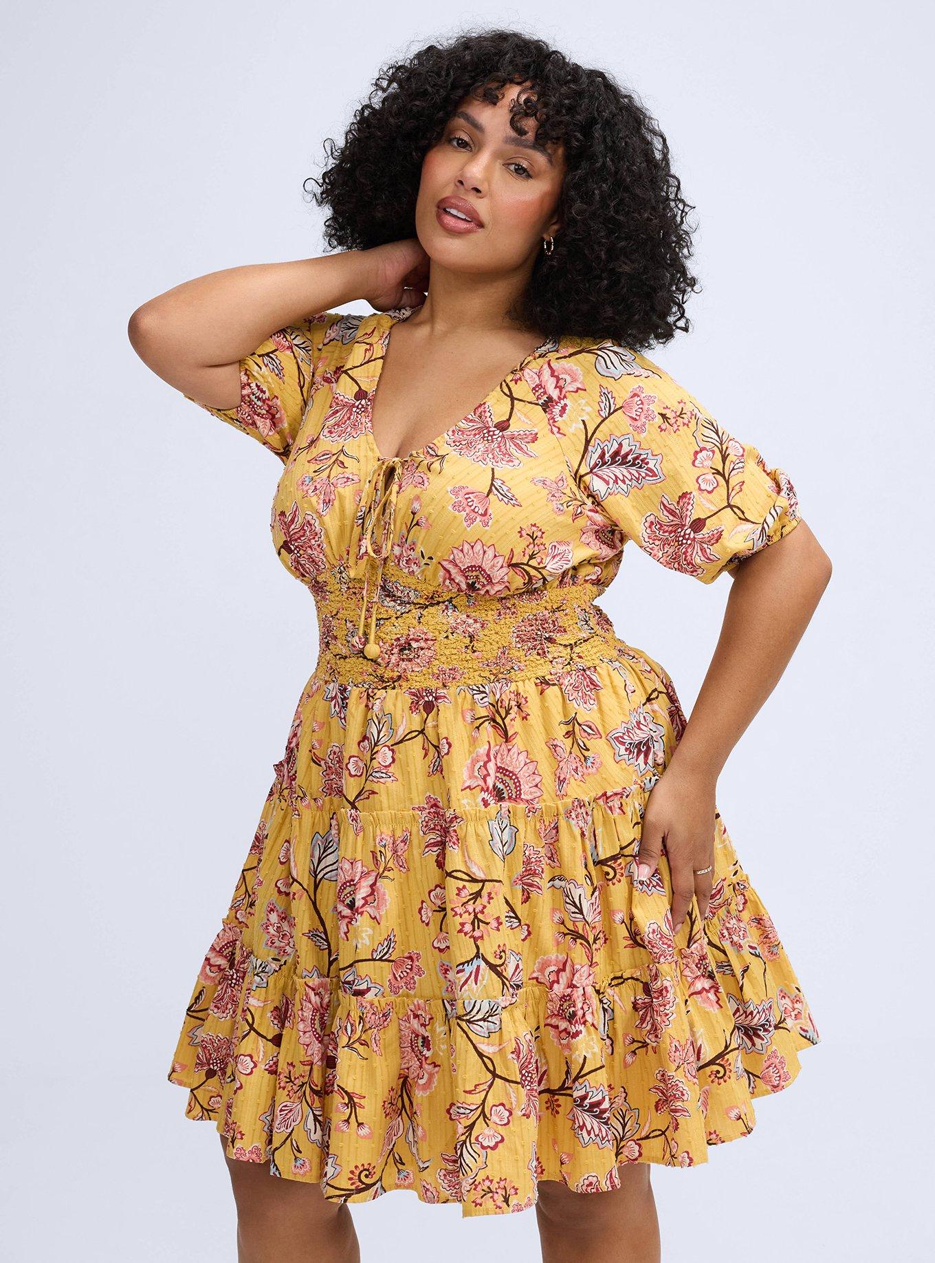 Plus Size Belle Isle Puff Sleeve Tiered Mini Dress, JANE JACO ARTWORK YELLOW, alternate