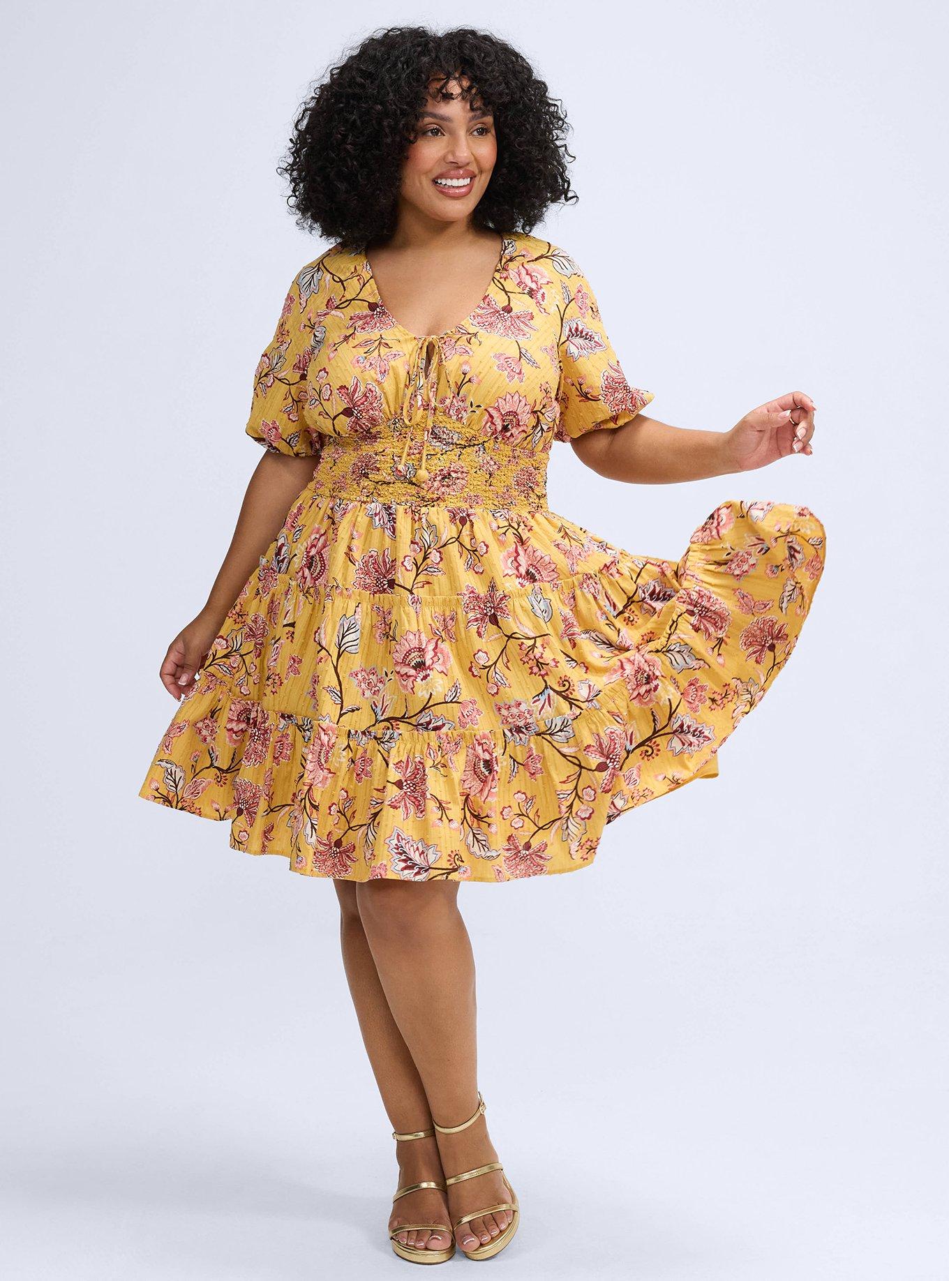 Plus Size Belle Isle Puff Sleeve Tiered Mini Dress, JANE JACO ARTWORK YELLOW, alternate