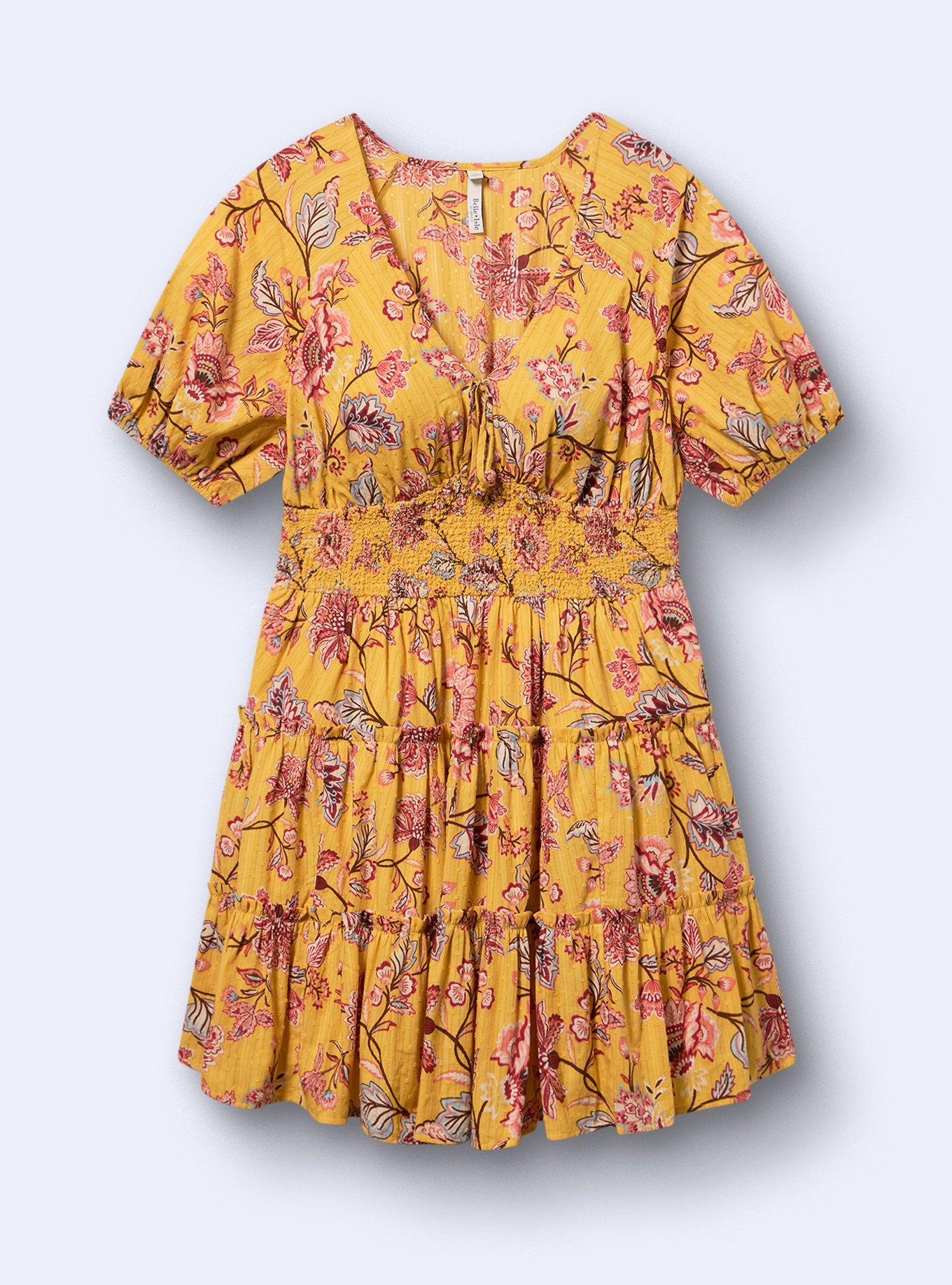 Belle Isle Puff Sleeve Tiered Mini Dress, JANE JACO ARTWORK YELLOW, flat