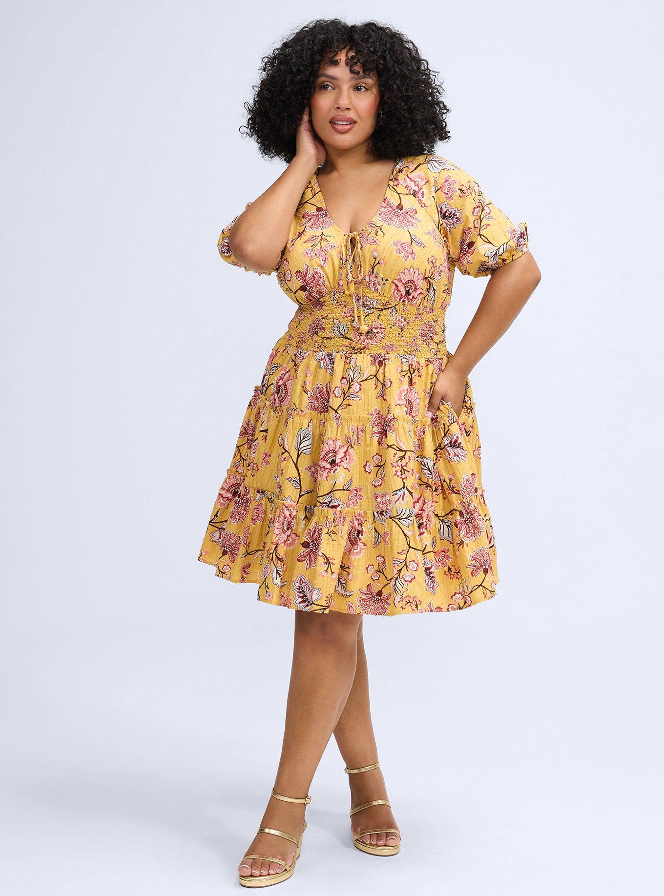 Plus Size Belle Isle Puff Sleeve Tiered Mini Dress, JANE JACO ARTWORK YELLOW, hi-res