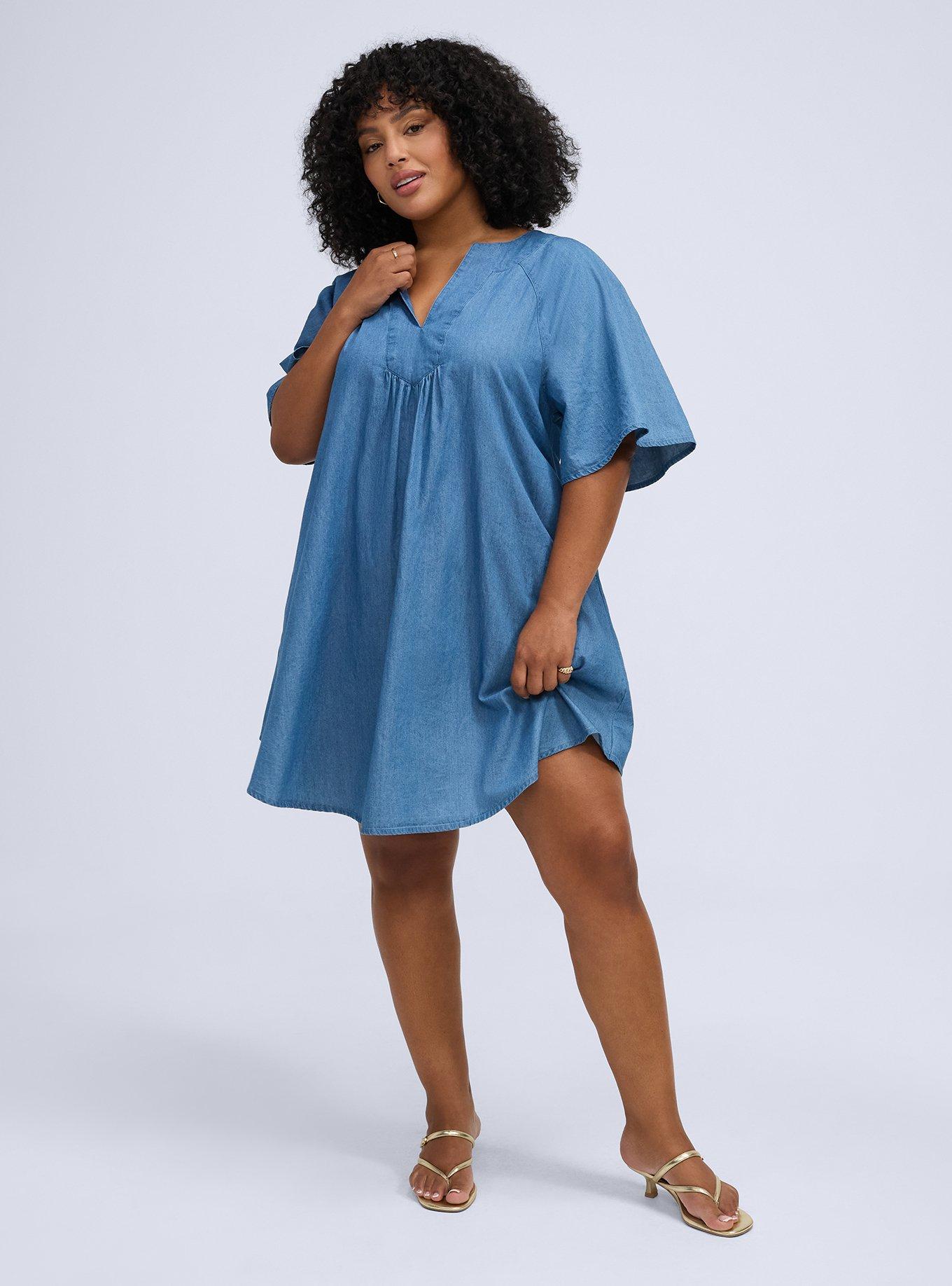 Plus Size Belle Isle Chambray Mini Dress, MEDIUM WASH, hi-res