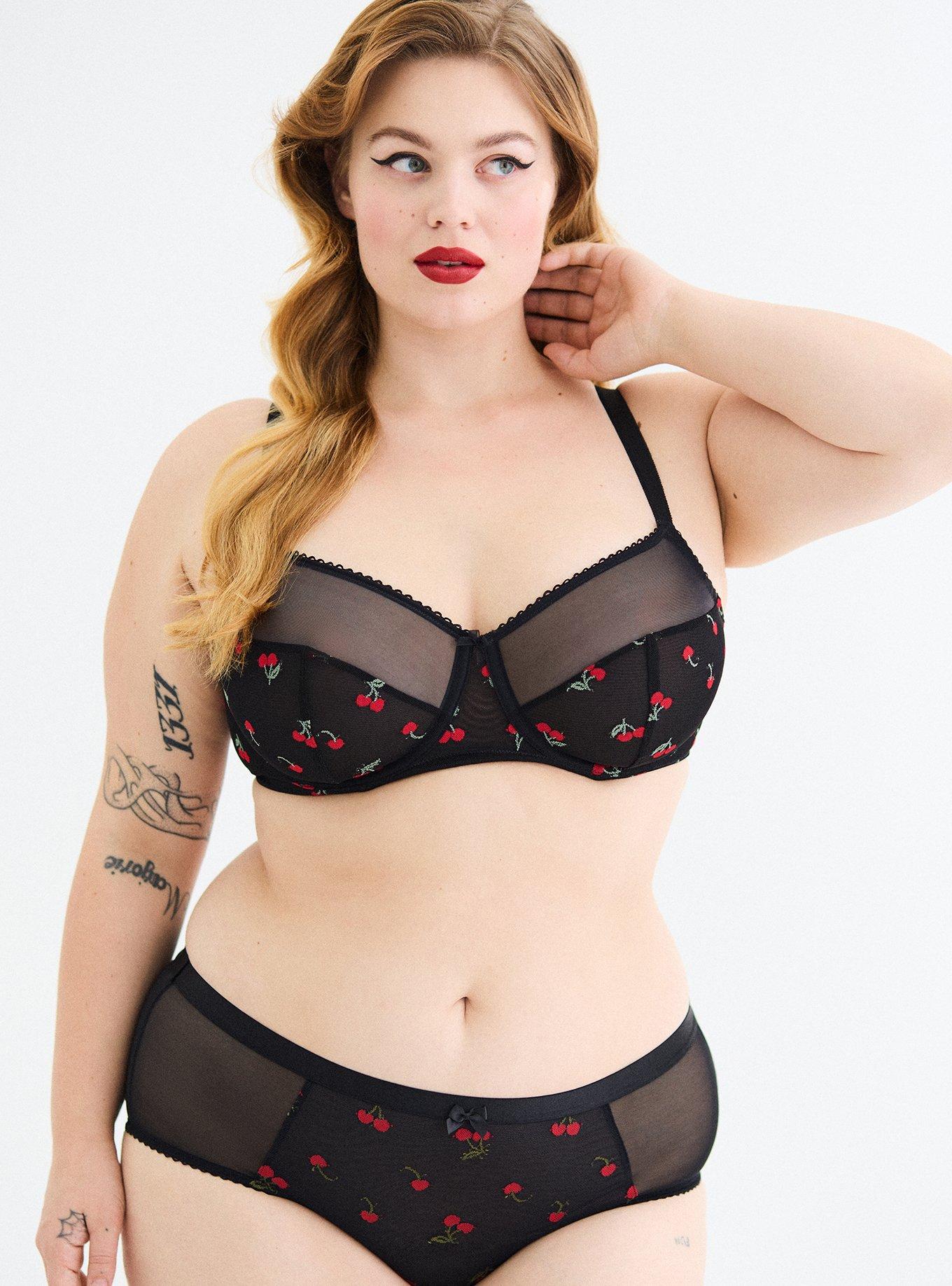 Balconette Unlined Mesh Bra, RICH BLACK RED CHERRIES, alternate