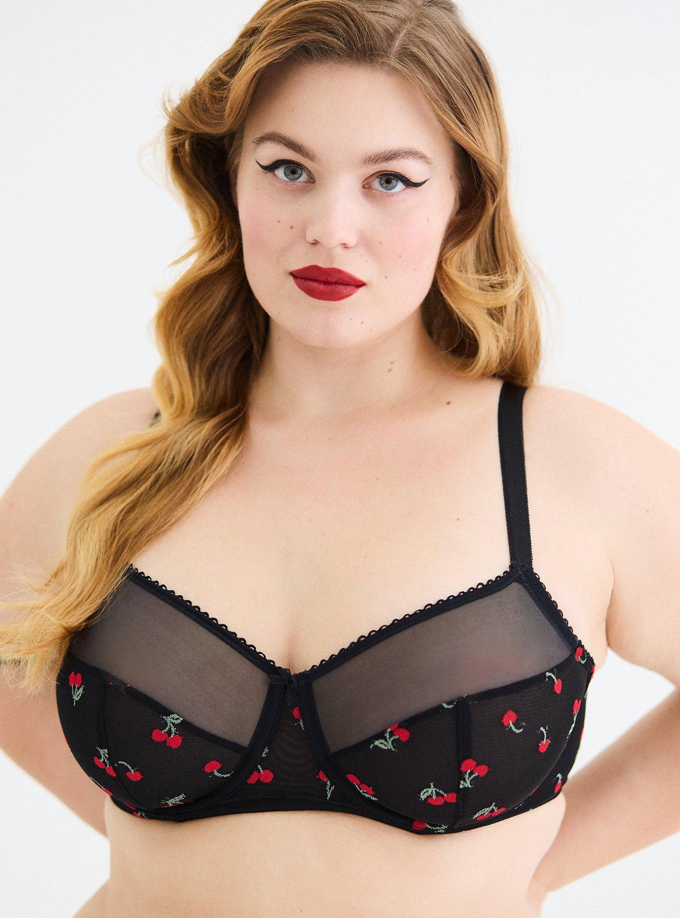 Balconette Unlined Mesh Bra, RICH BLACK RED CHERRIES, alternate