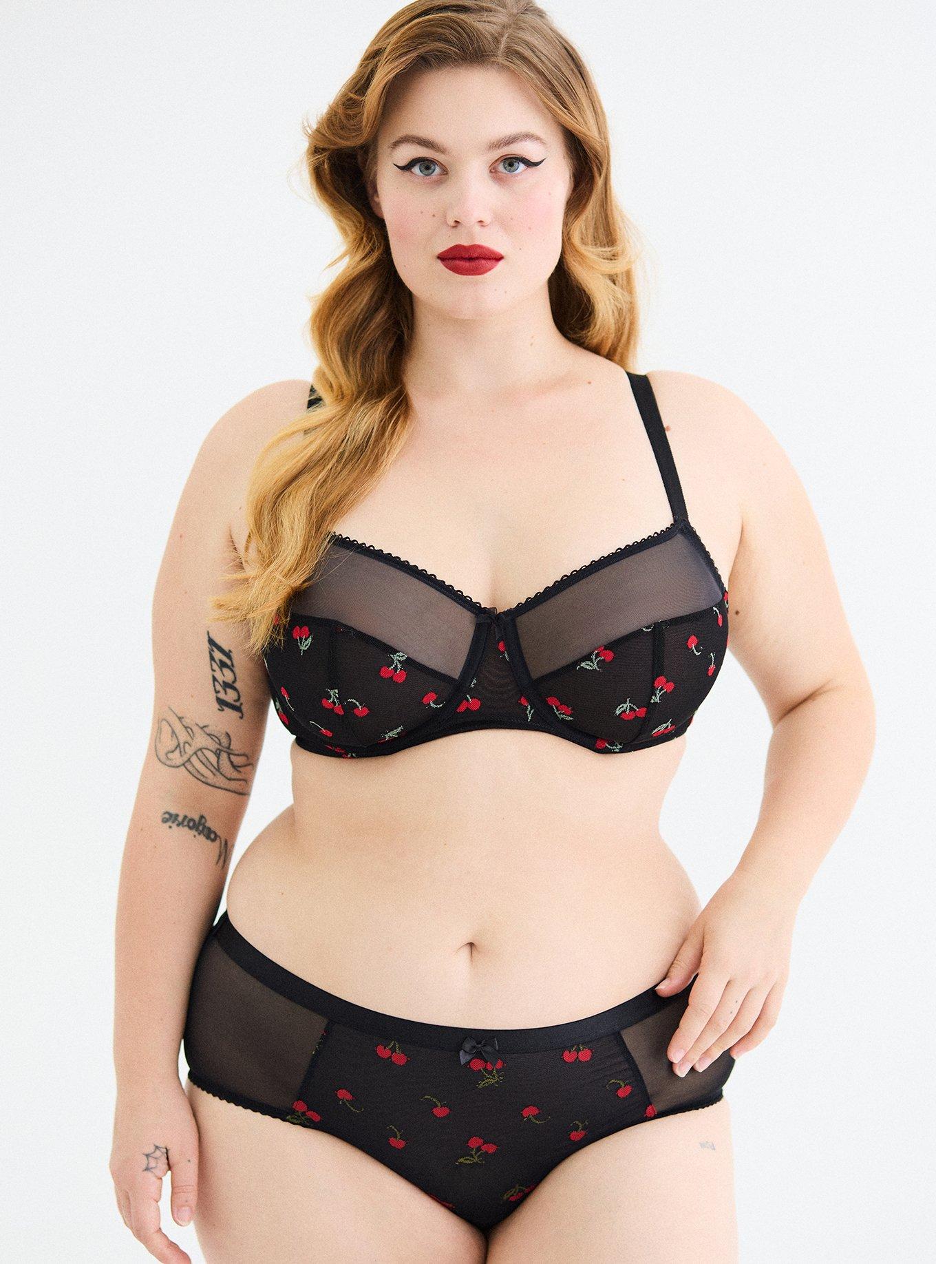 Balconette Unlined Mesh Bra, RICH BLACK RED CHERRIES, alternate