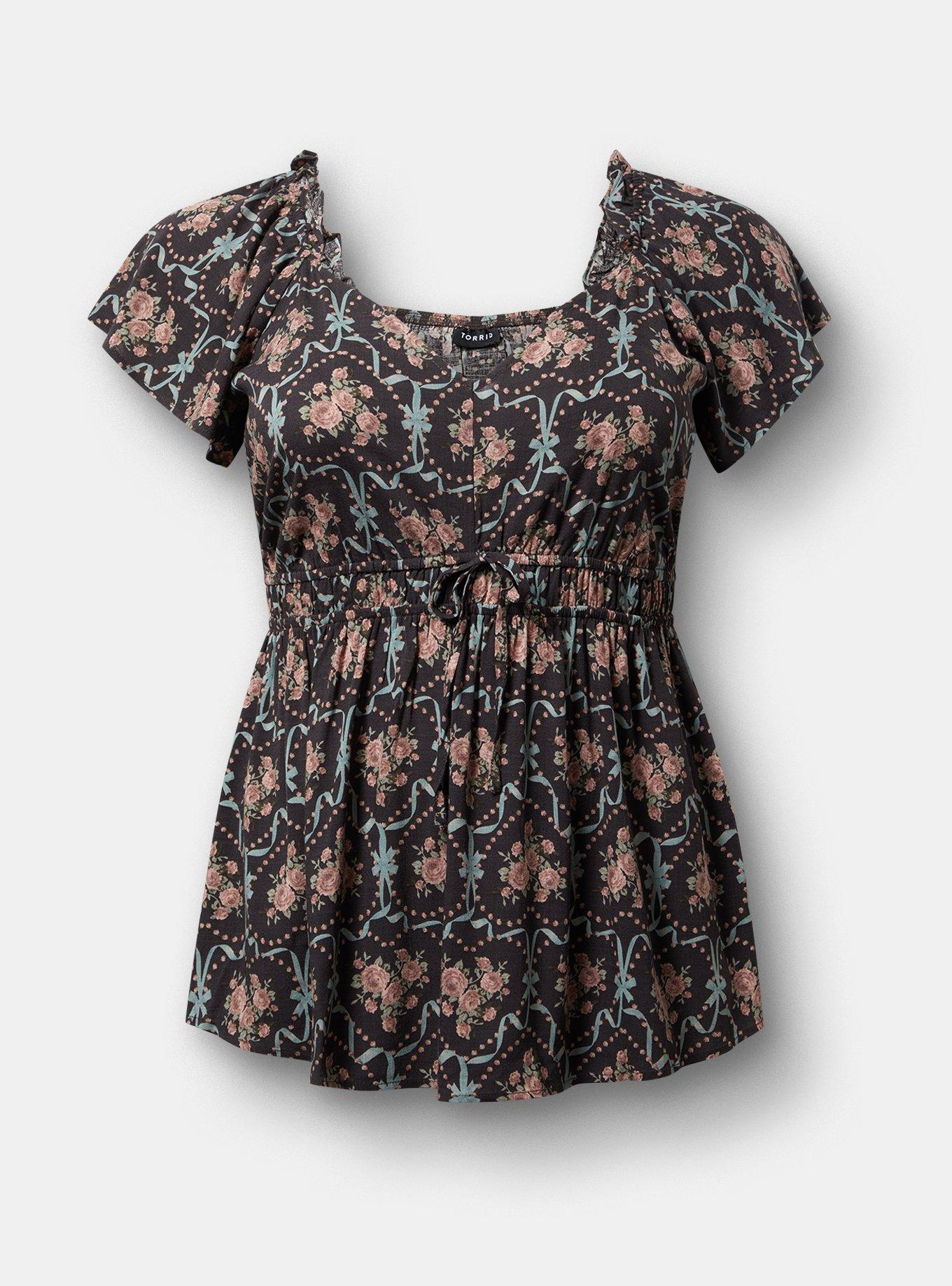 V-Neck Flutter-Sleeve Blouse, DEMASK FLOURISH FLORAL PHANTOM, hi-res