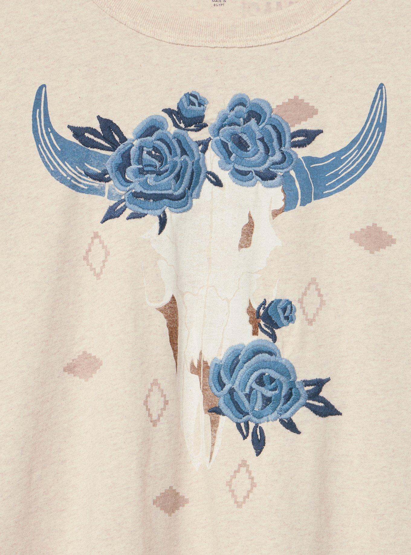 Boxy Crew Tee, COW SKULL FLORAL OATMEAL HEATHER, alternate