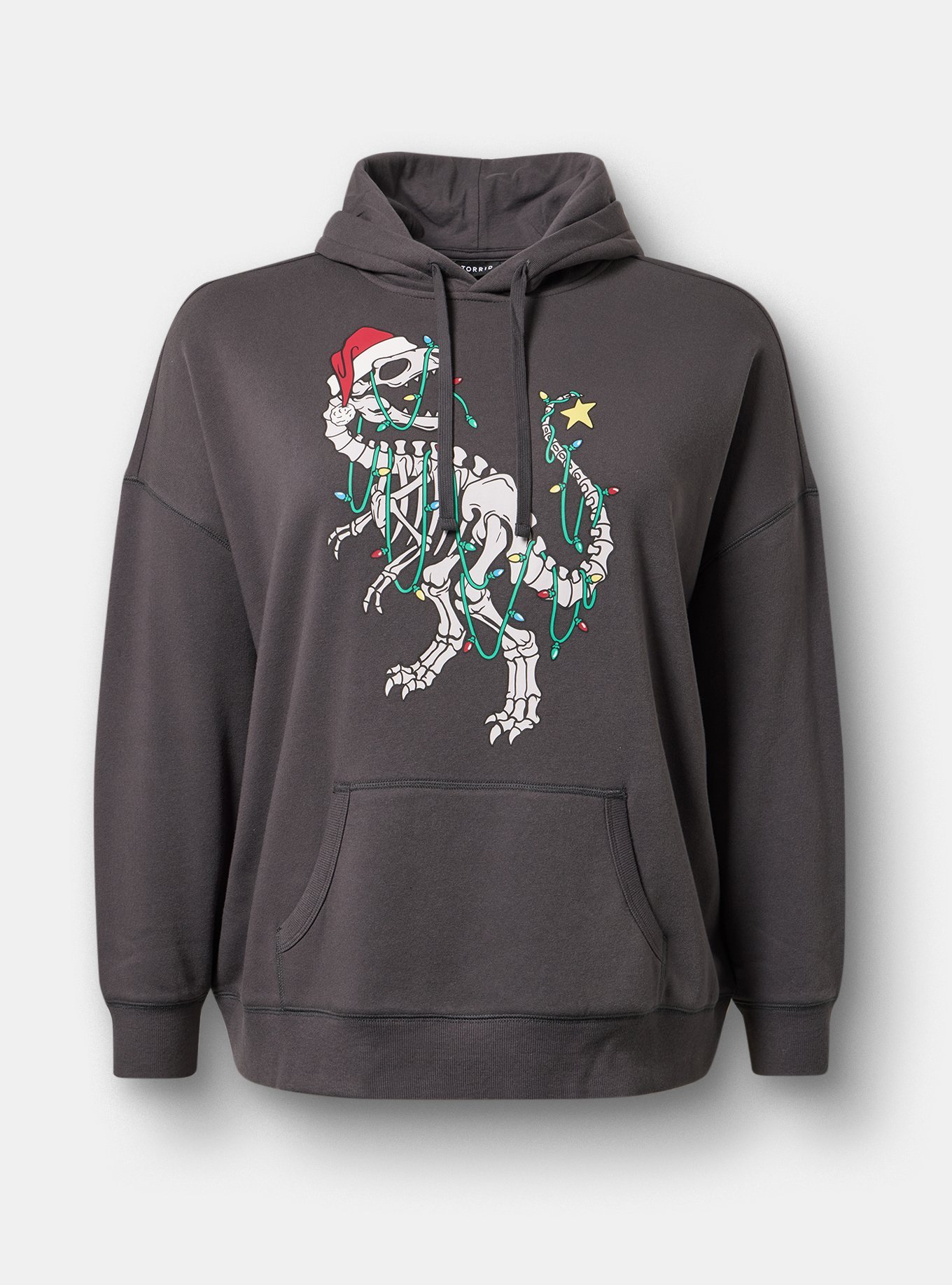 Plus Size Relaxed Cozy Fleece Hoodie, HOLIDAY DINO VINTAGE BLACK, hi-res