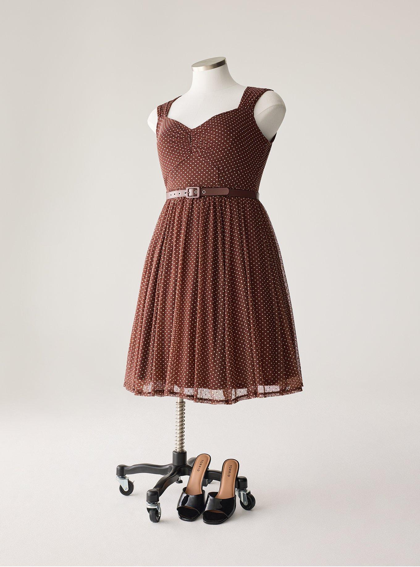 Retro Chic Knee-Length Mesh Dress, BETTY DOTS BRICK, flat