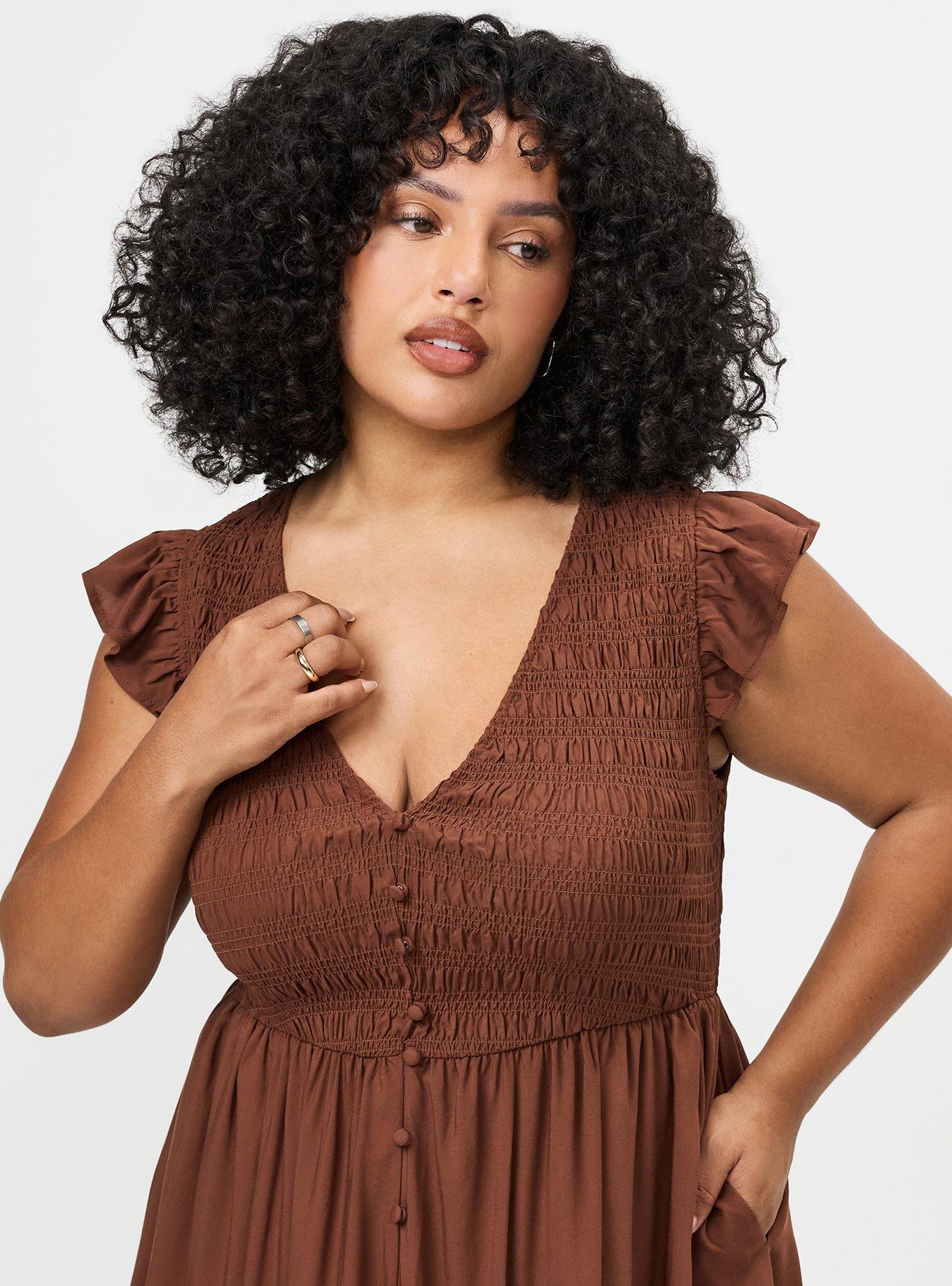 Plus Size Ruffle-Sleeve Tiered Midi Dress, CAPPUCCINO, alternate