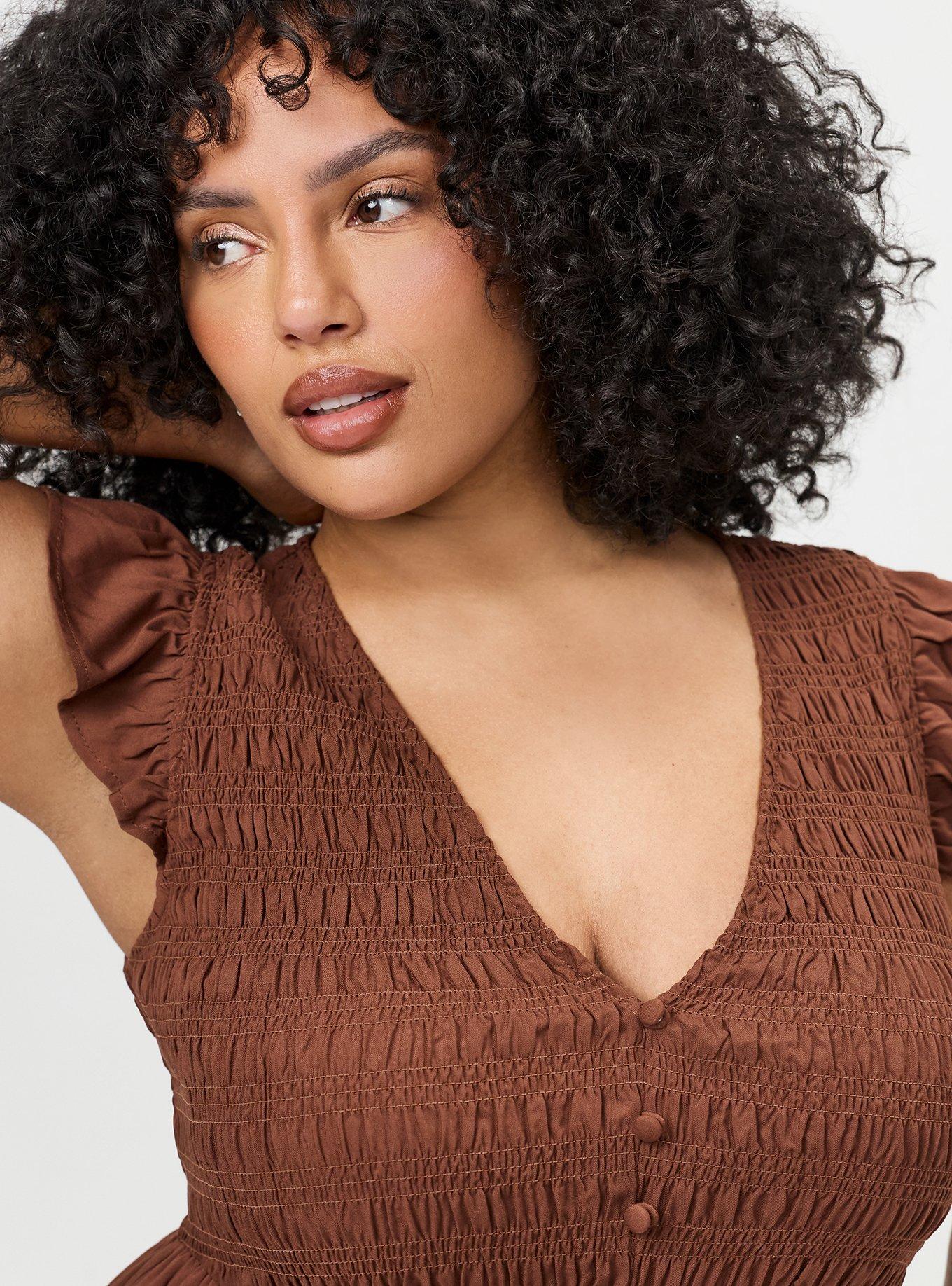 Plus Size Ruffle-Sleeve Tiered Midi Dress, CAPPUCCINO, alternate