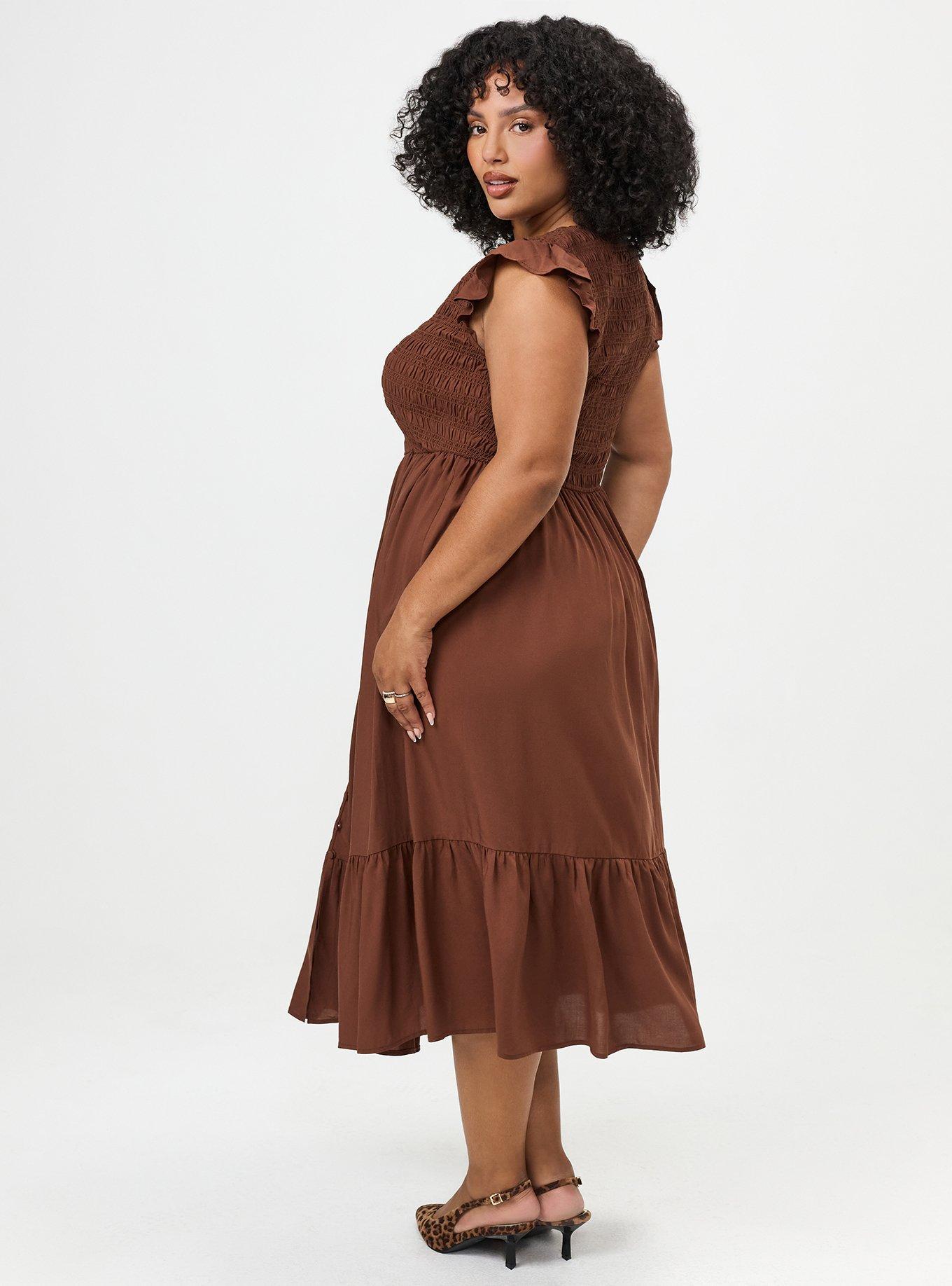Plus Size Ruffle-Sleeve Tiered Midi Dress, CAPPUCCINO, alternate