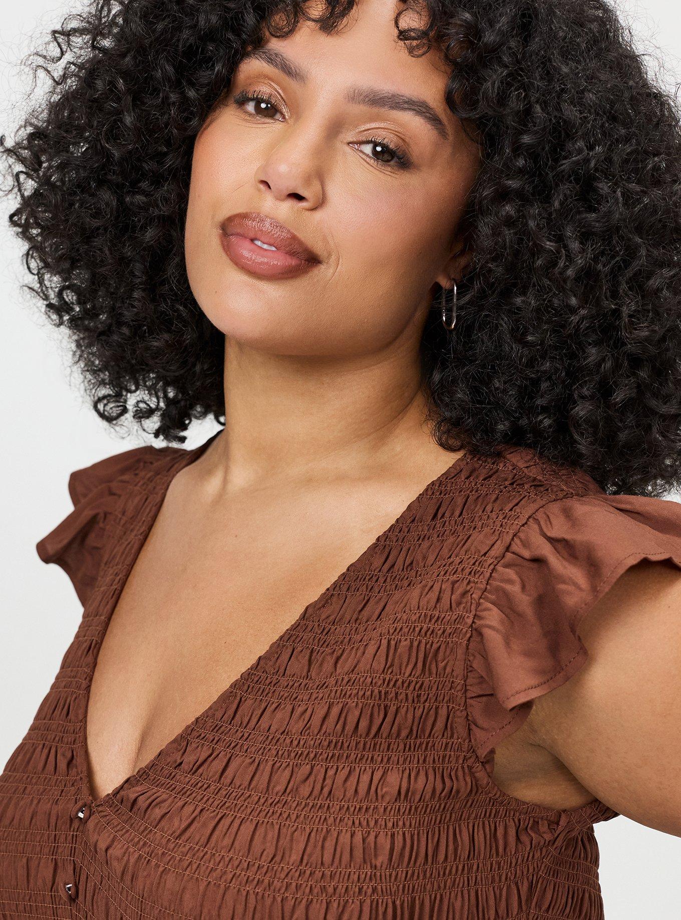 Plus Size Ruffle-Sleeve Tiered Midi Dress, CAPPUCCINO, alternate