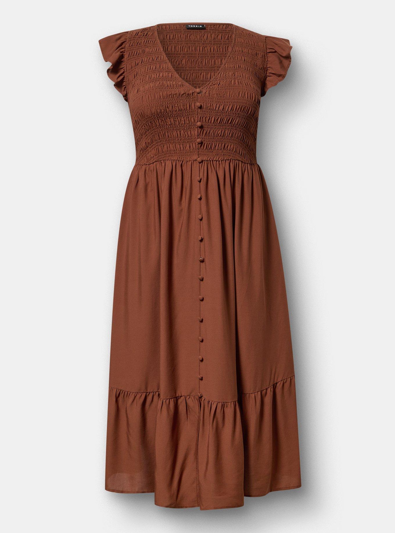 Plus Size Ruffle-Sleeve Tiered Midi Dress, CAPPUCCINO, hi-res