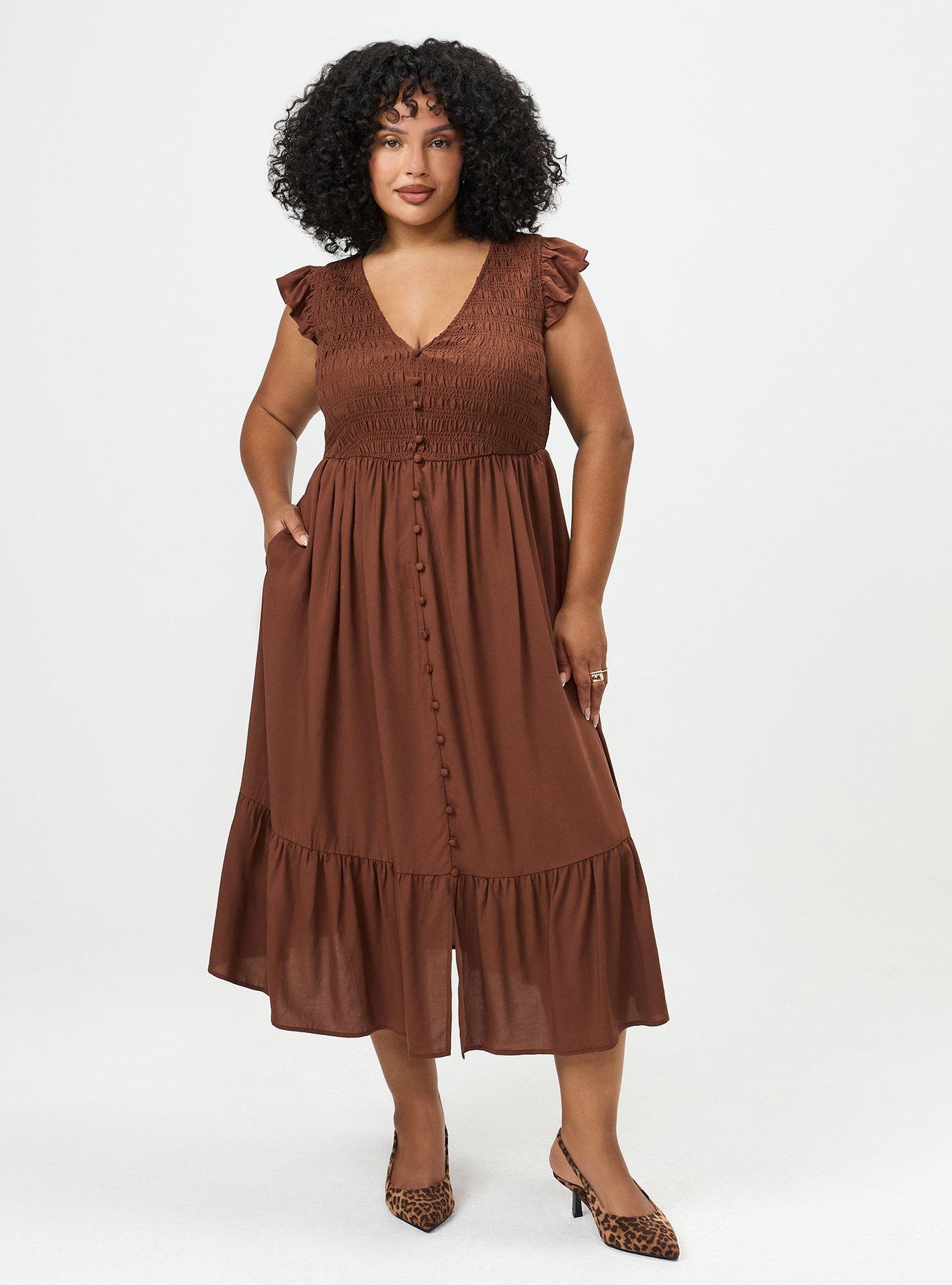Plus Size Ruffle-Sleeve Tiered Midi Dress, CAPPUCCINO, hi-res