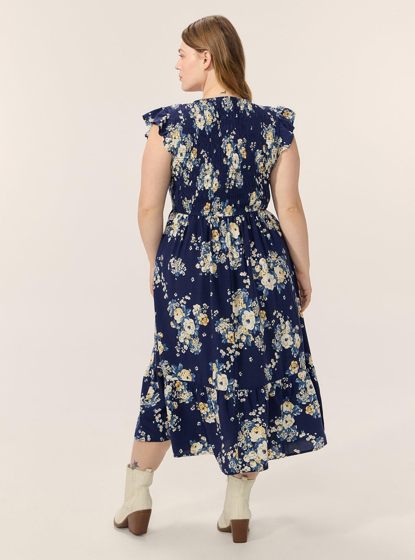 Midi Ruffle-Sleeve Tiered Dress, MARCIE ROSE FLORAL NAVY, alternate