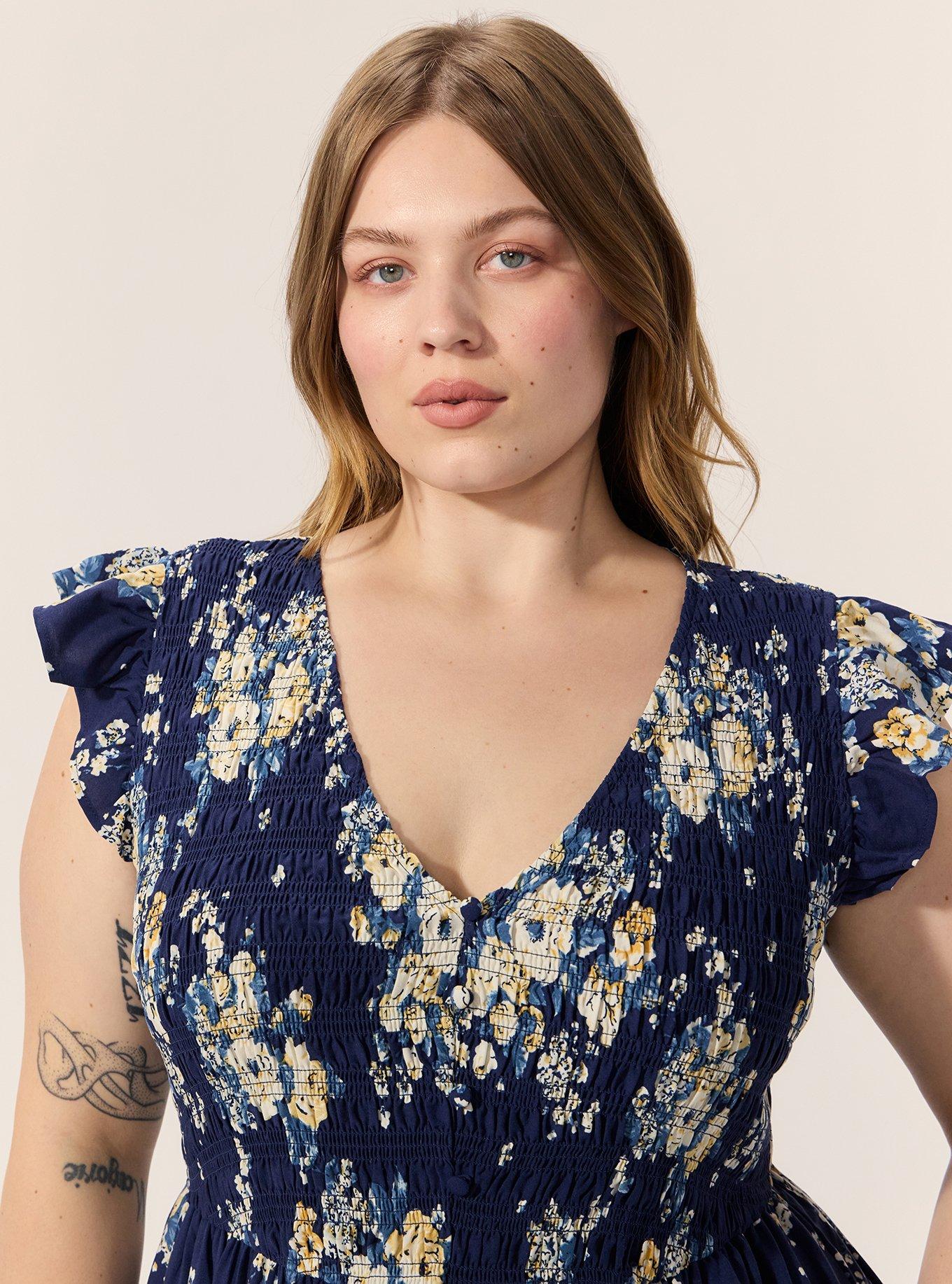 Midi Ruffle-Sleeve Tiered Dress, MARCIE ROSE FLORAL NAVY, alternate