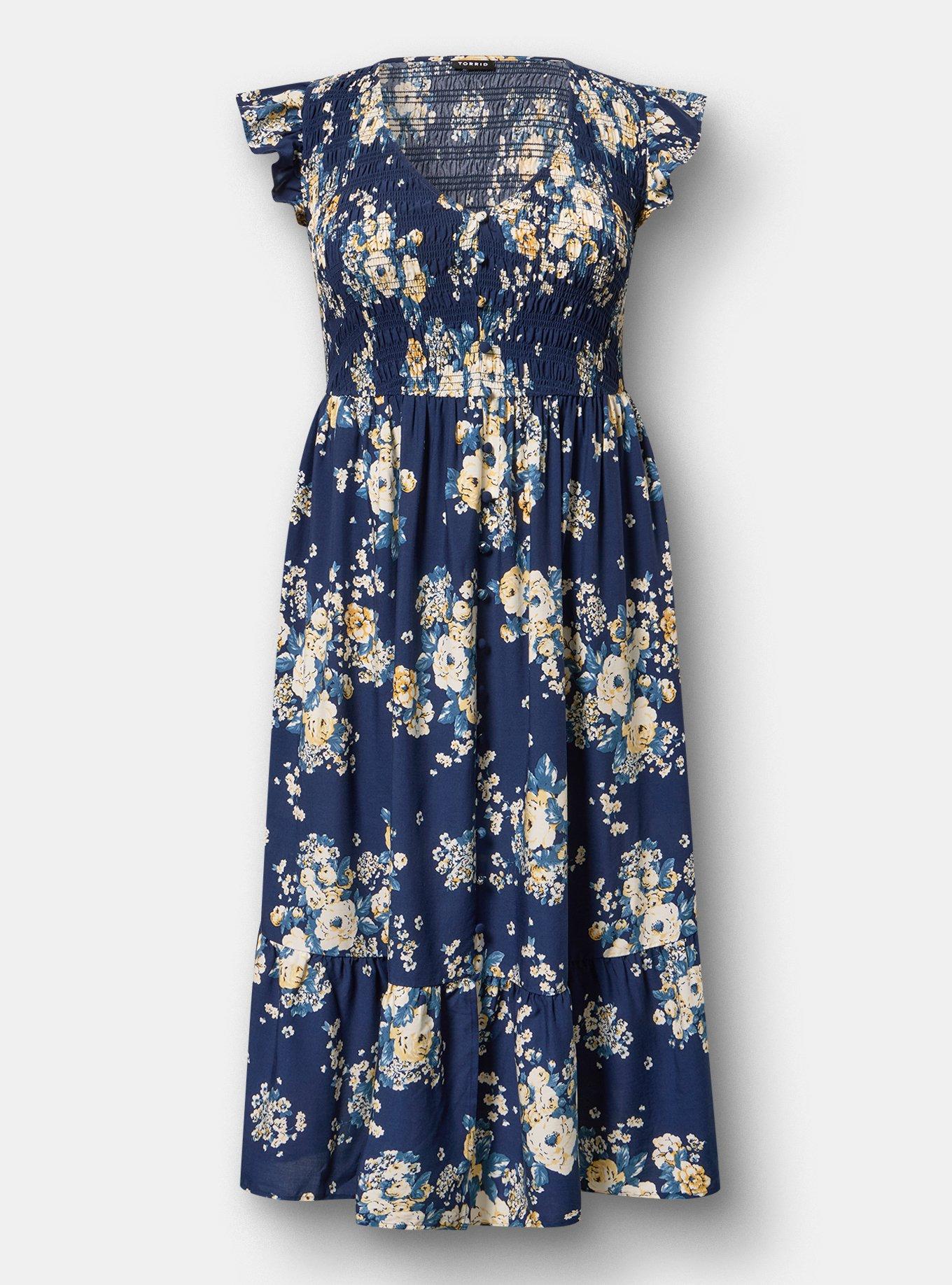 Midi Ruffle-Sleeve Tiered Dress, MARCIE ROSE FLORAL NAVY, flat