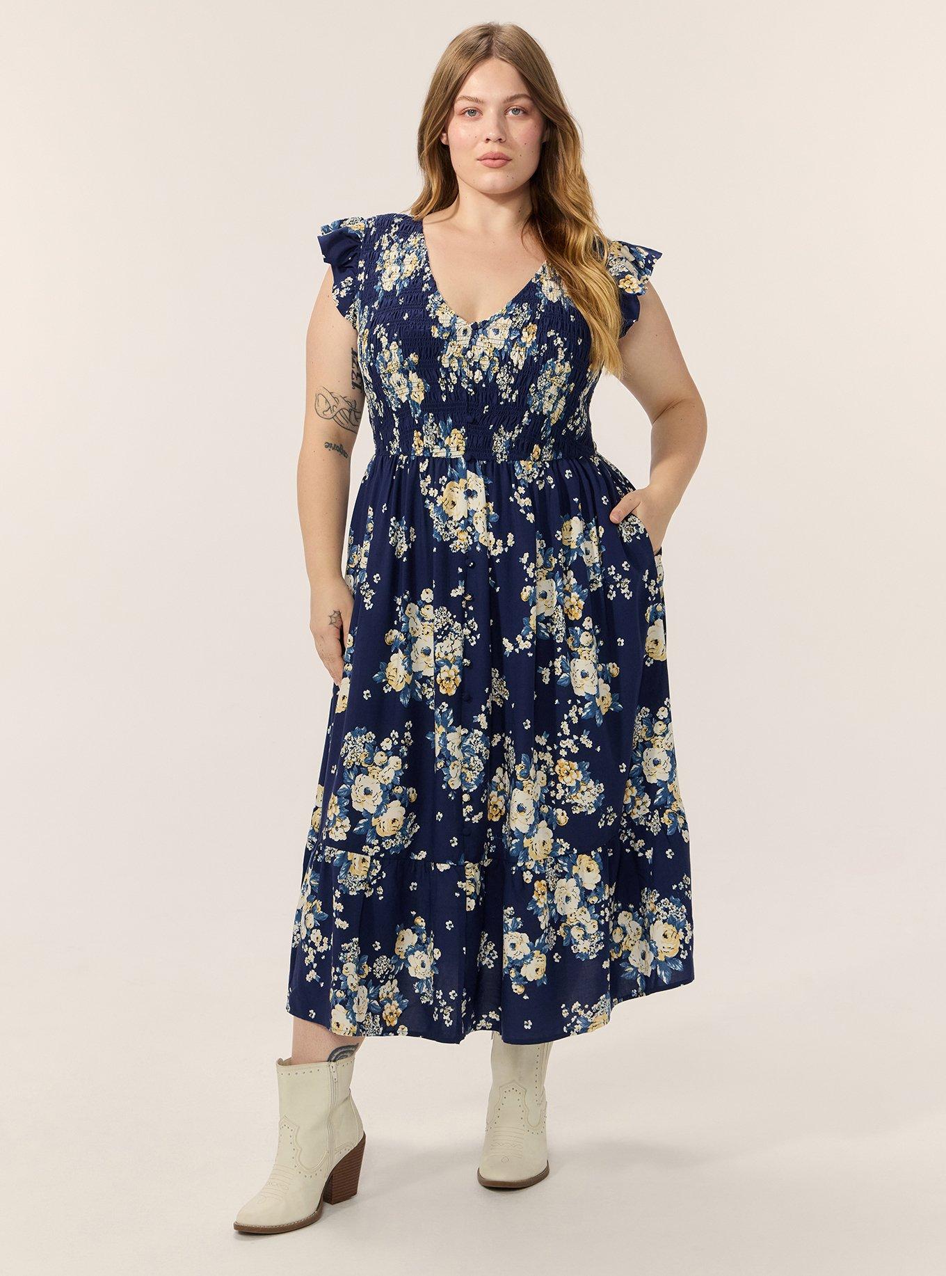 Midi Ruffle-Sleeve Tiered Dress, MARCIE ROSE FLORAL NAVY, hi-res