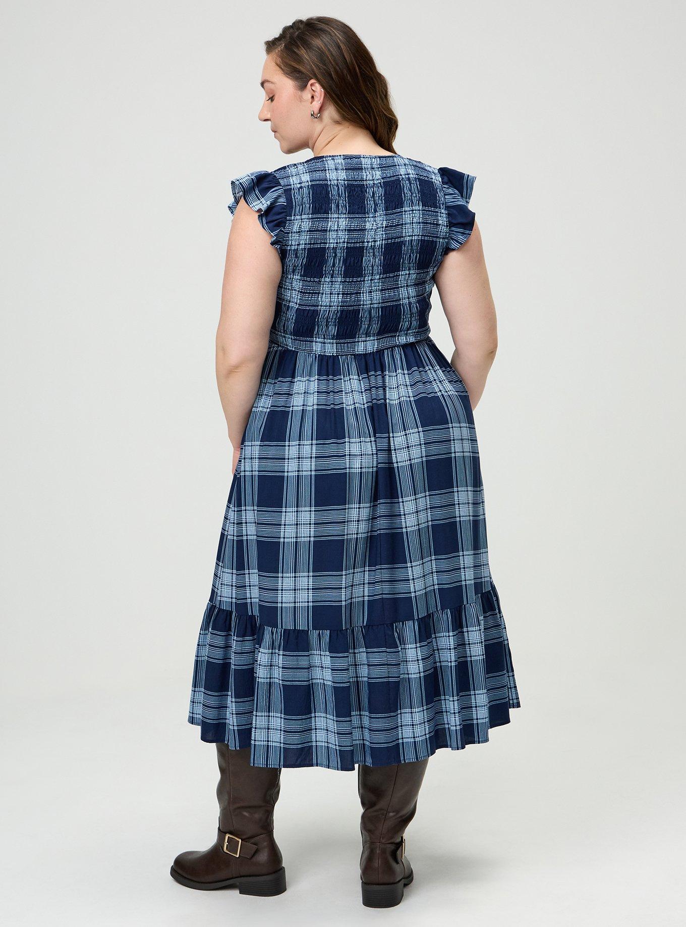 Midi Ruffle-Sleeve Tiered Dress, ARIELLE PLAID NAVY, alternate