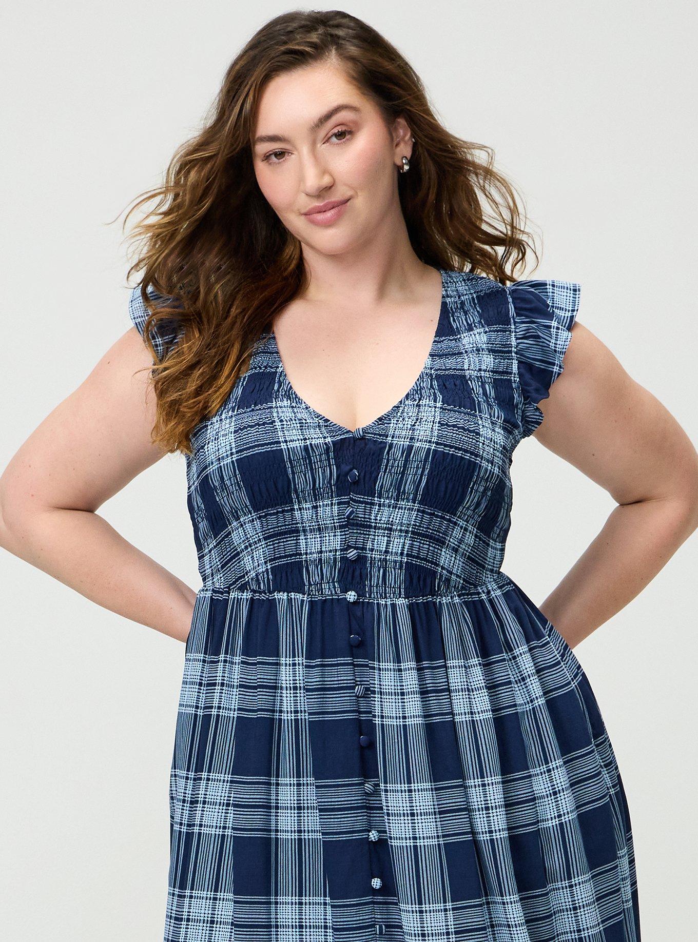 Midi Ruffle-Sleeve Tiered Dress, ARIELLE PLAID NAVY, alternate