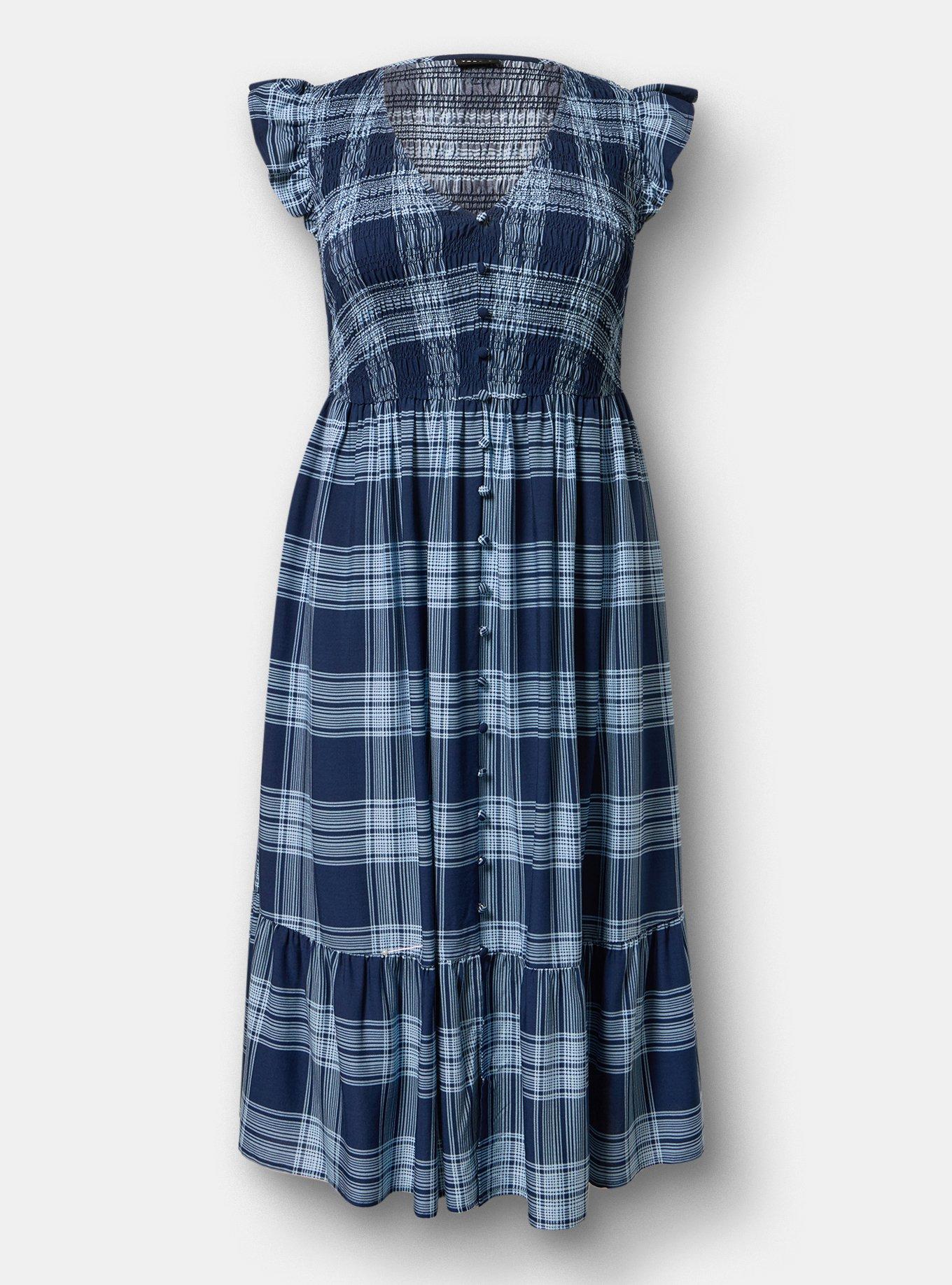 Plus Size Ruffle-Sleeve Tiered Midi Dress, ARIELLE PLAID NAVY, hi-res