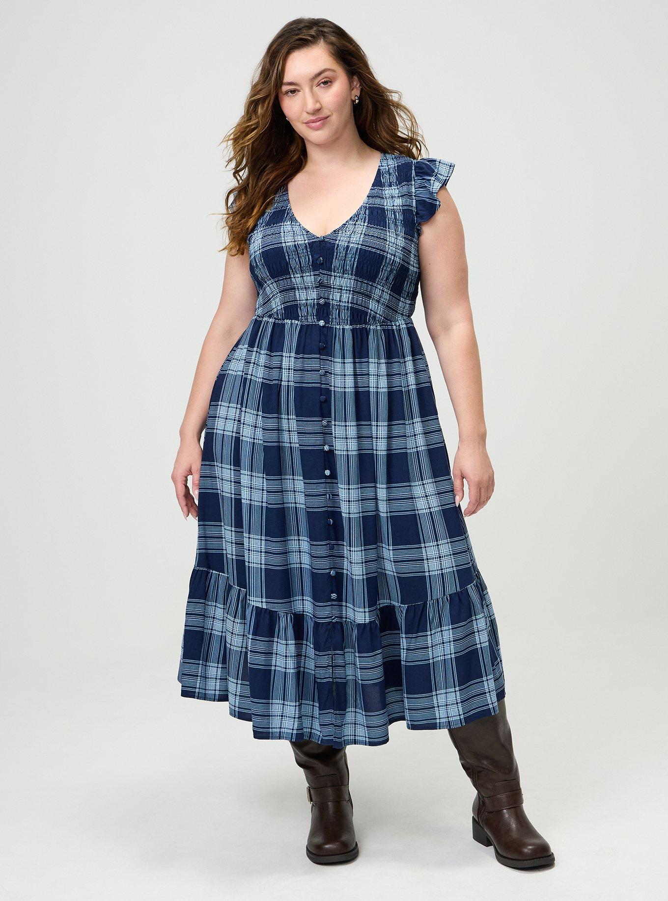Midi Ruffle-Sleeve Tiered Dress, ARIELLE PLAID NAVY, hi-res