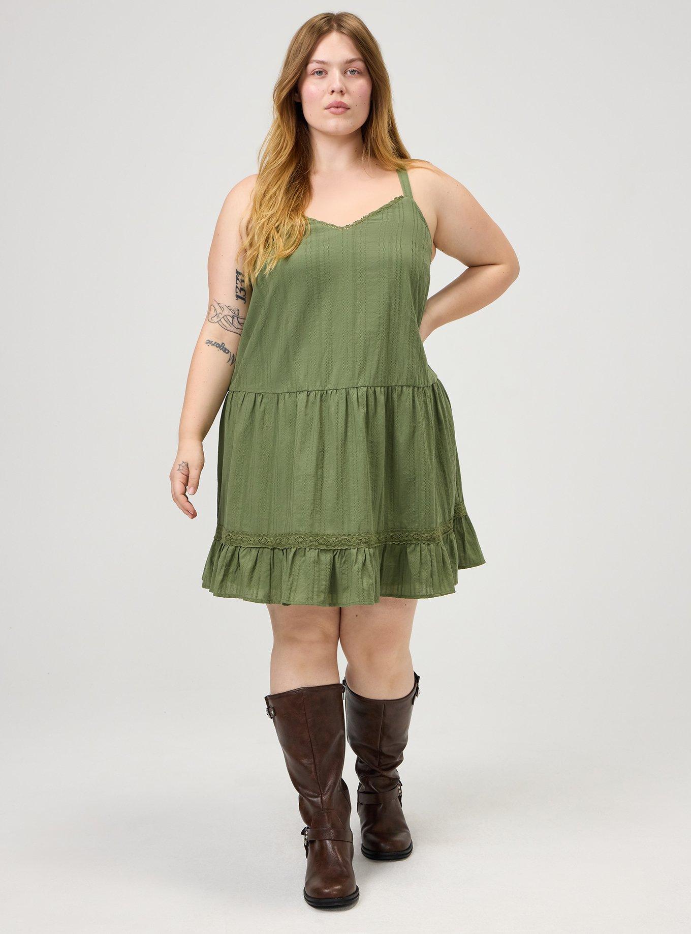 Drop-Waist Lace Trim Mini Dress, OLIVINE, hi-res
