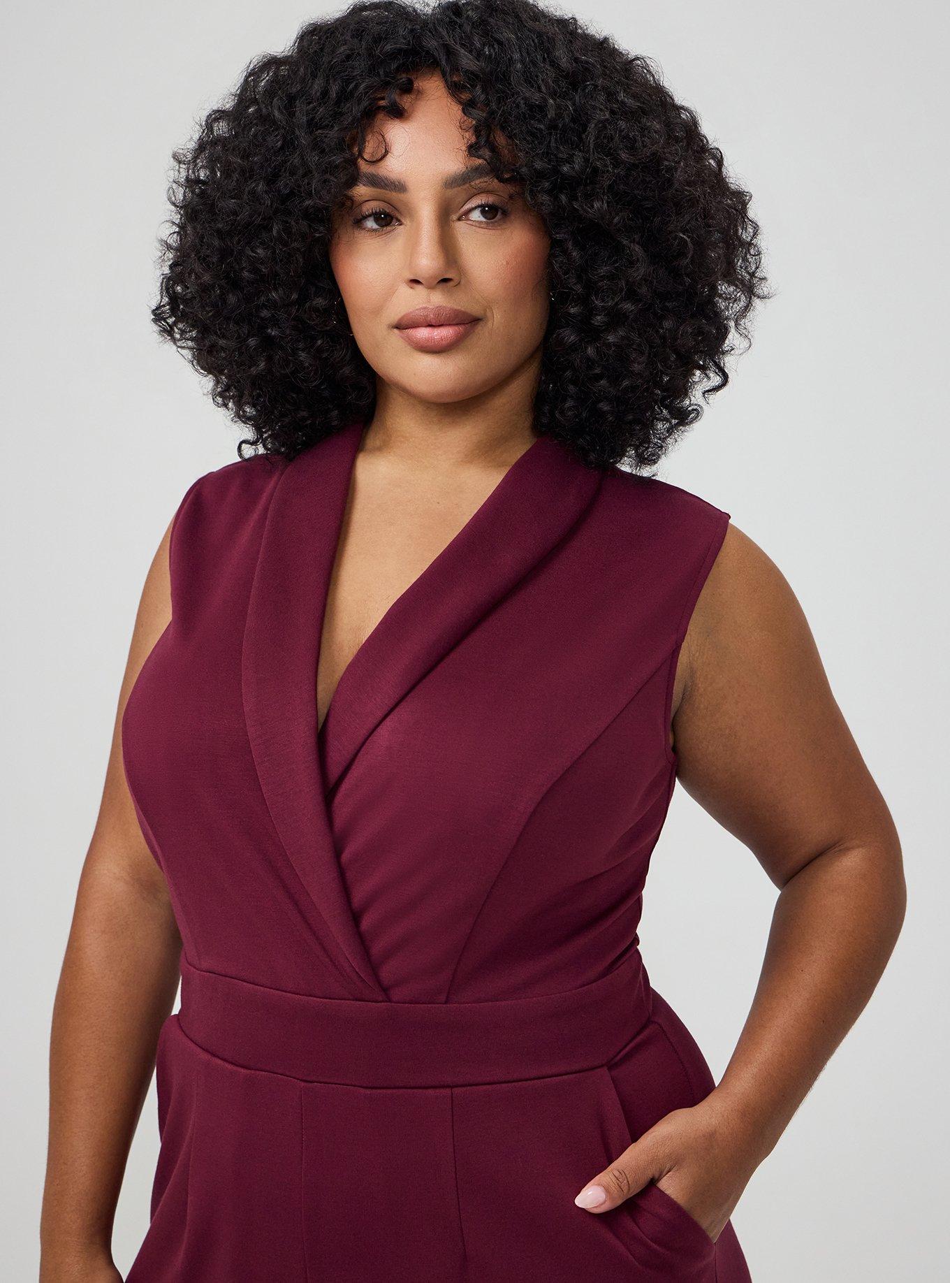 Shawl-Collar Ponte Jumpsuit, MAROON BANNER, alternate