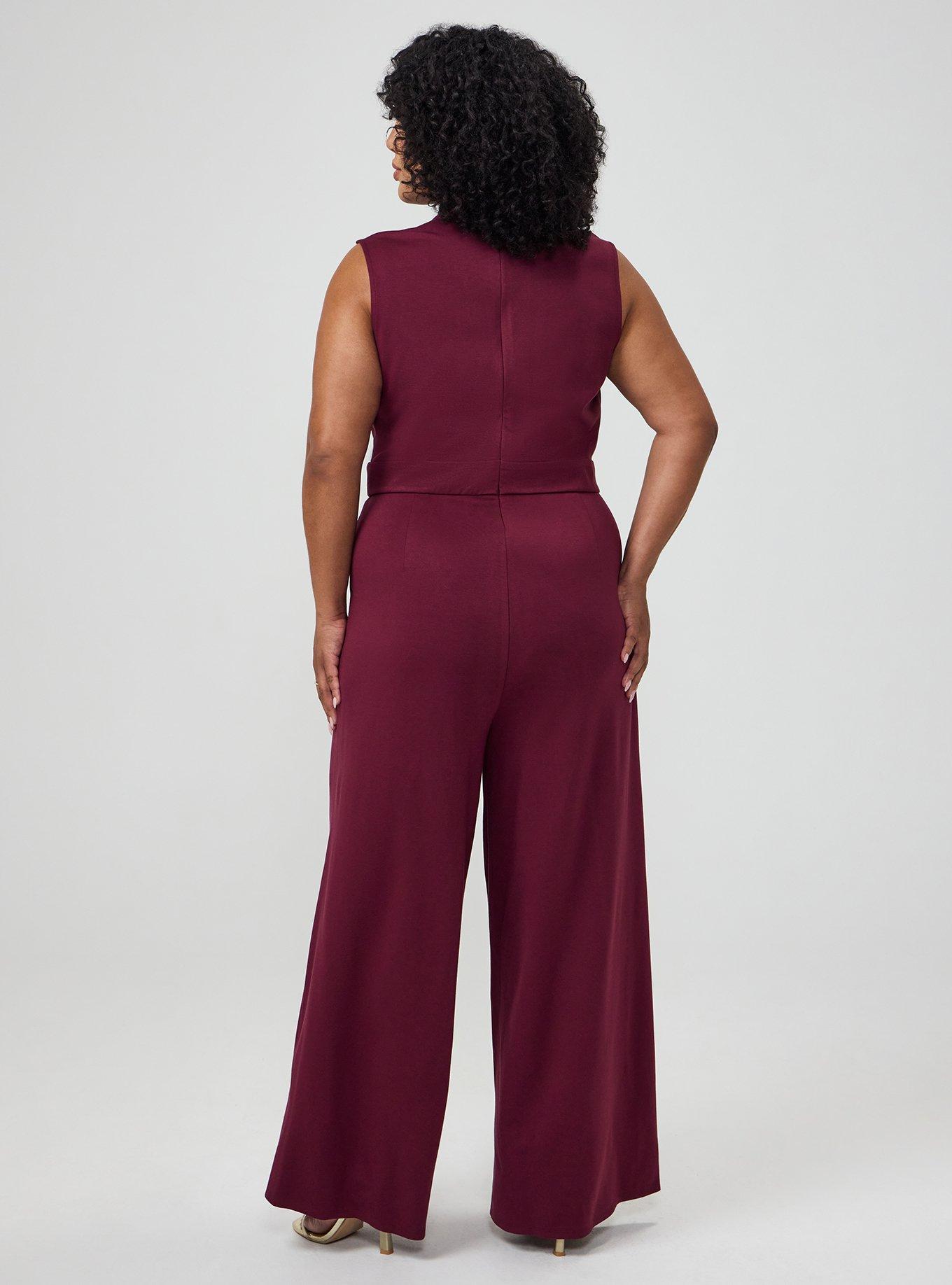 Shawl-Collar Ponte Jumpsuit, MAROON BANNER, alternate