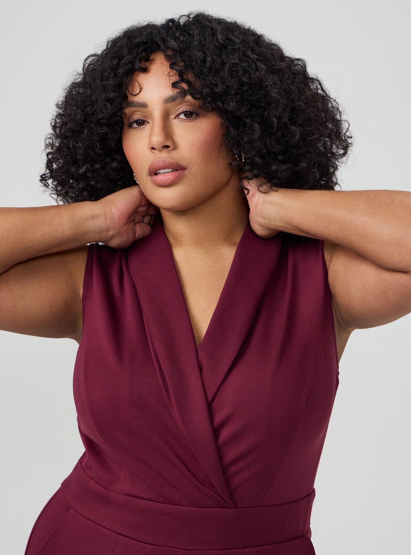 Shawl-Collar Ponte Jumpsuit, MAROON BANNER, alternate