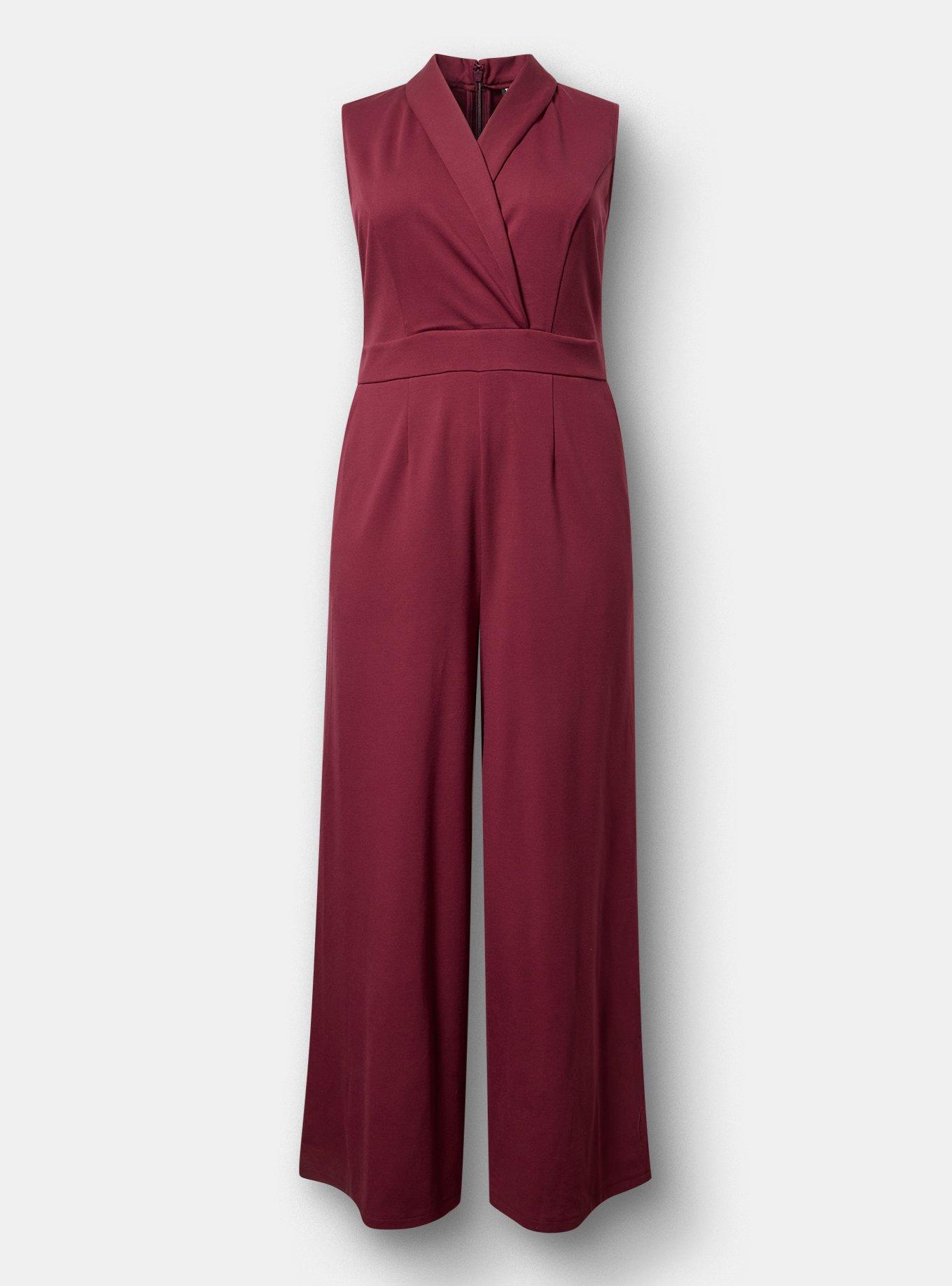 Shawl-Collar Ponte Jumpsuit, MAROON BANNER, flat