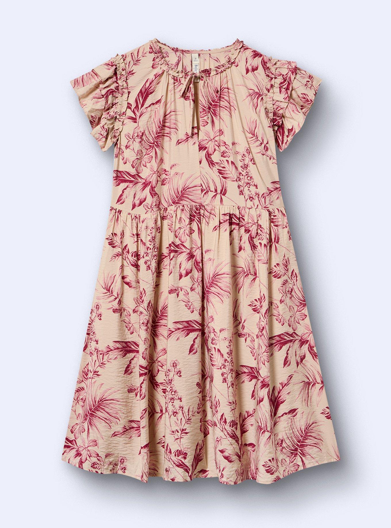 Belle Isle Flutter Sleeve Mini Dress, ISLAND FLORAL FEATHER PINK, flat