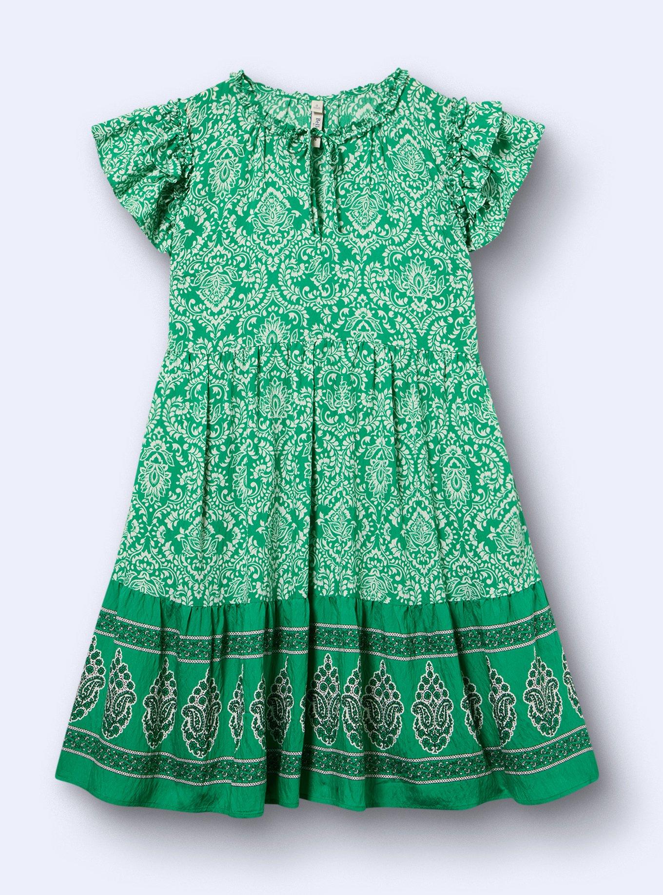 Belle Isle Flutter Sleeve Mini Dress, FERN DAMASK GREEN, flat