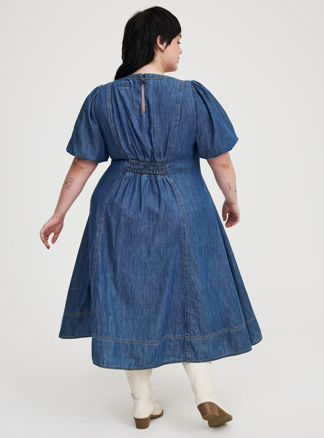 Puff-Sleeve Tea-Length Denim Dress