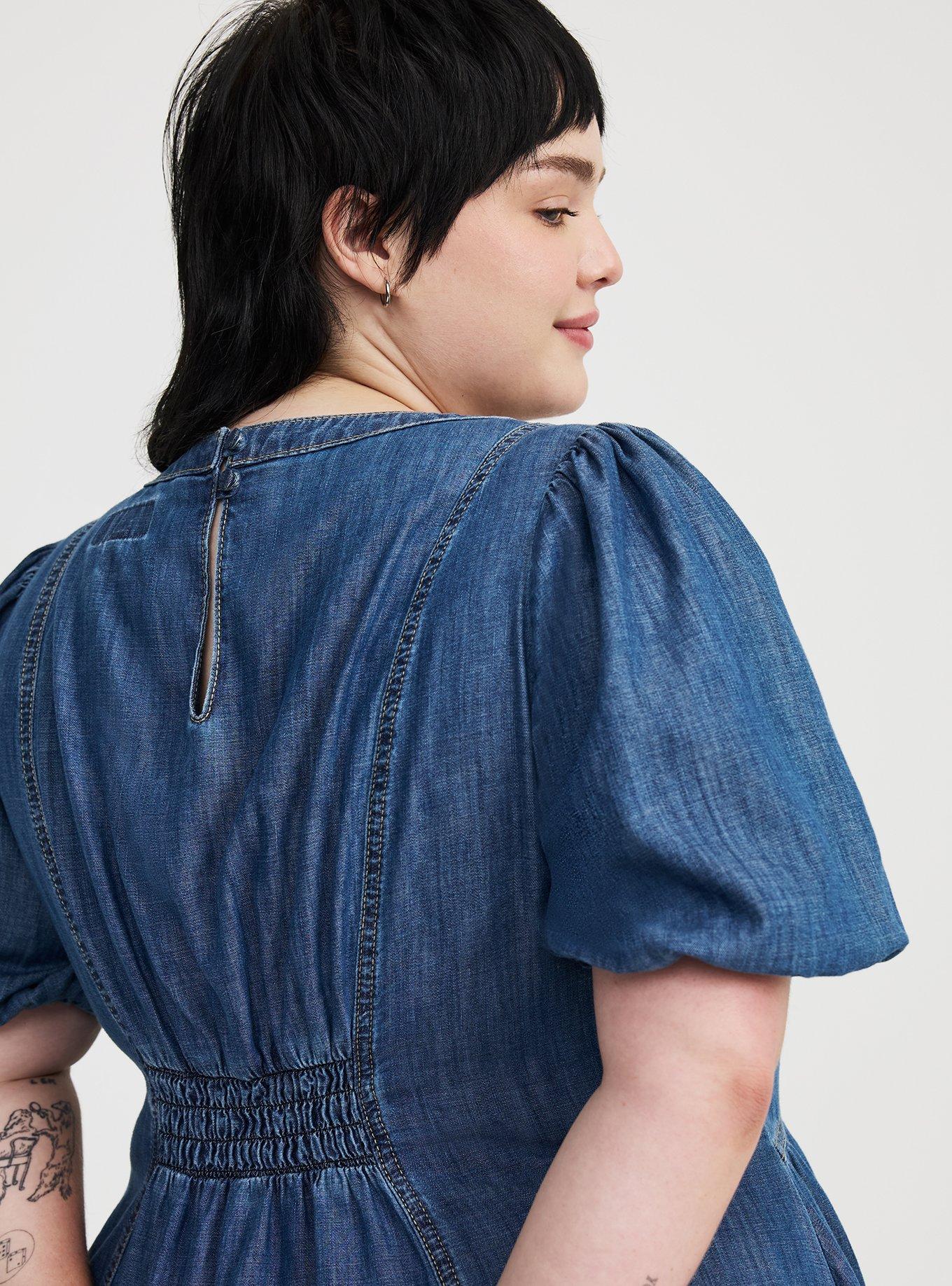 Puff-Sleeve Tea-Length Denim Dress