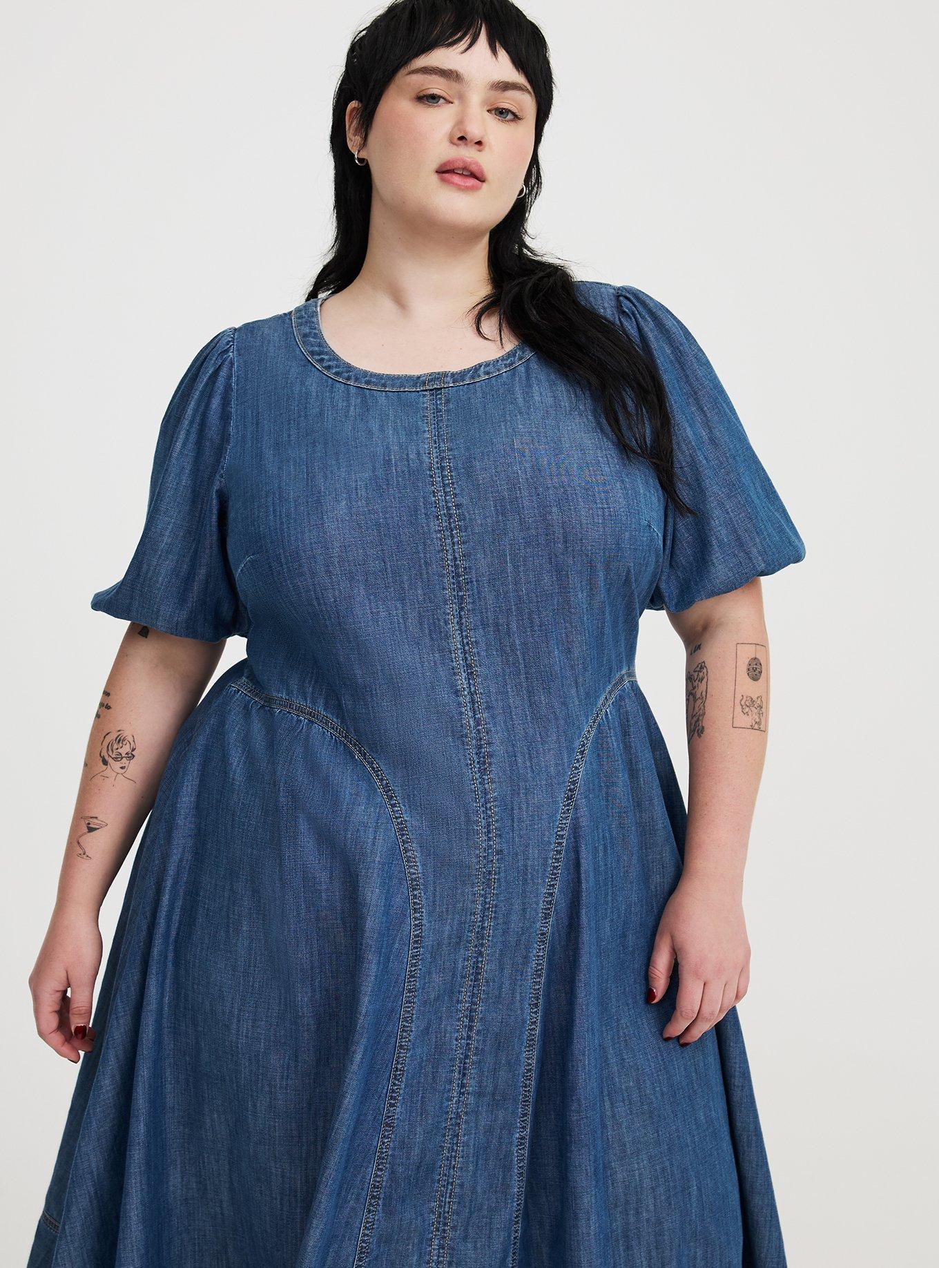 Puff-Sleeve Tea-Length Denim Dress