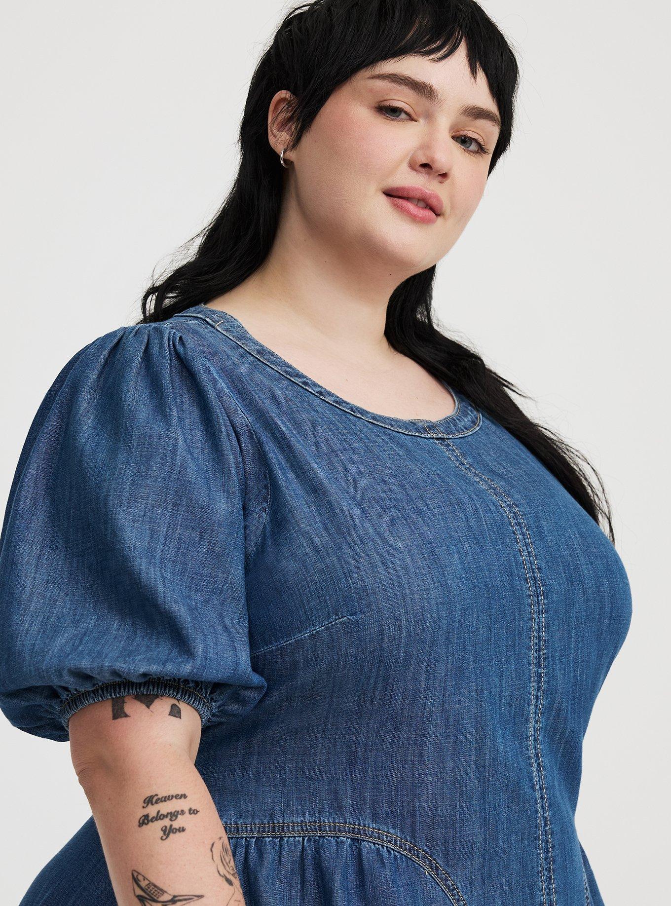 Puff-Sleeve Tea-Length Denim Dress