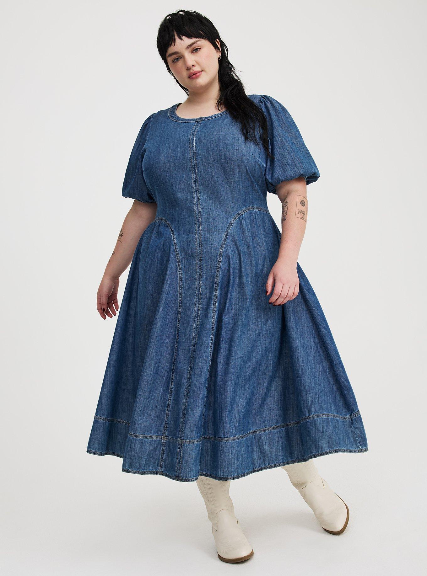 Puff-Sleeve Tea-Length Denim Dress
