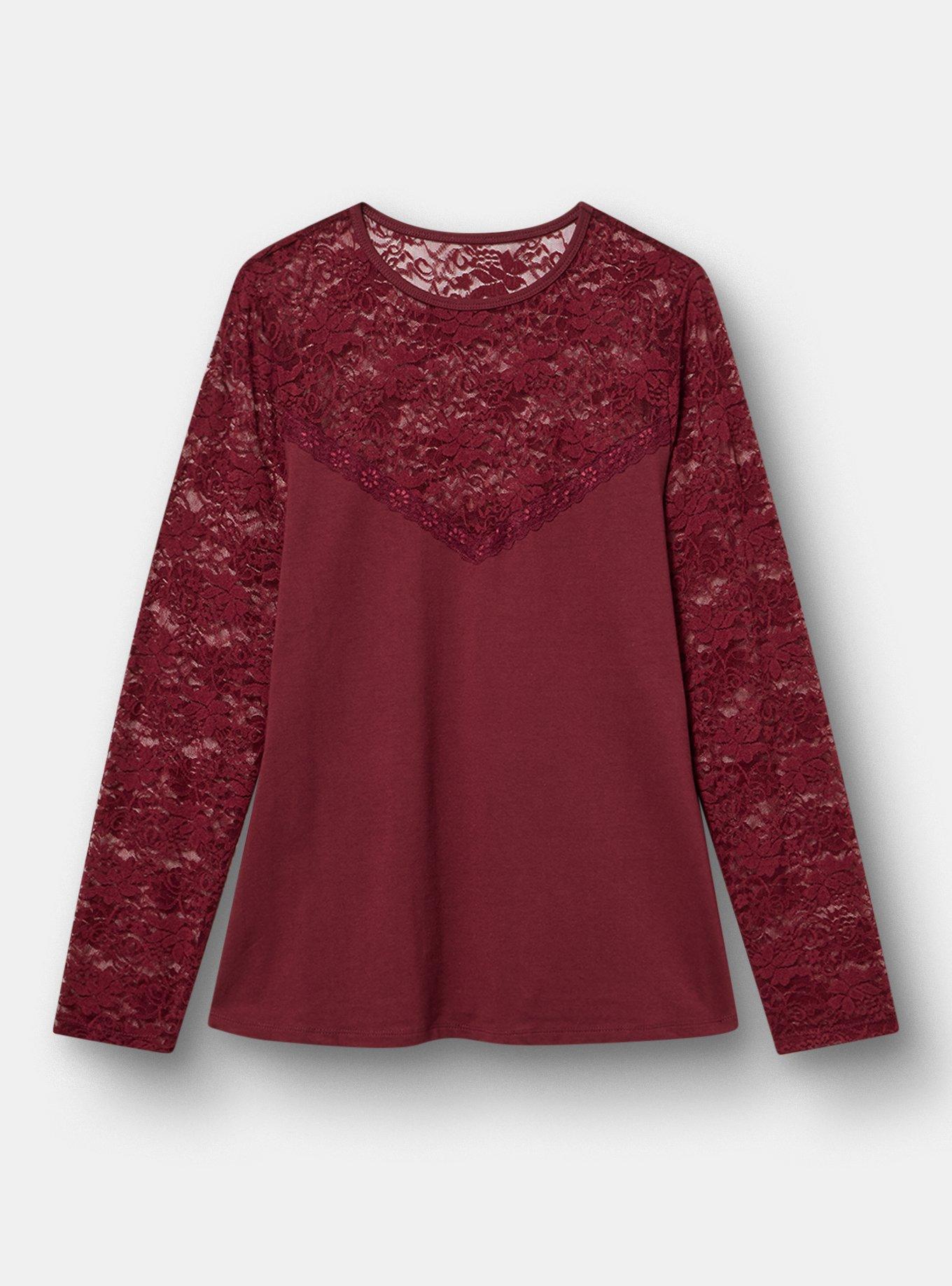 Foxy Lace Crew Top, MAROON BANNER, hi-res