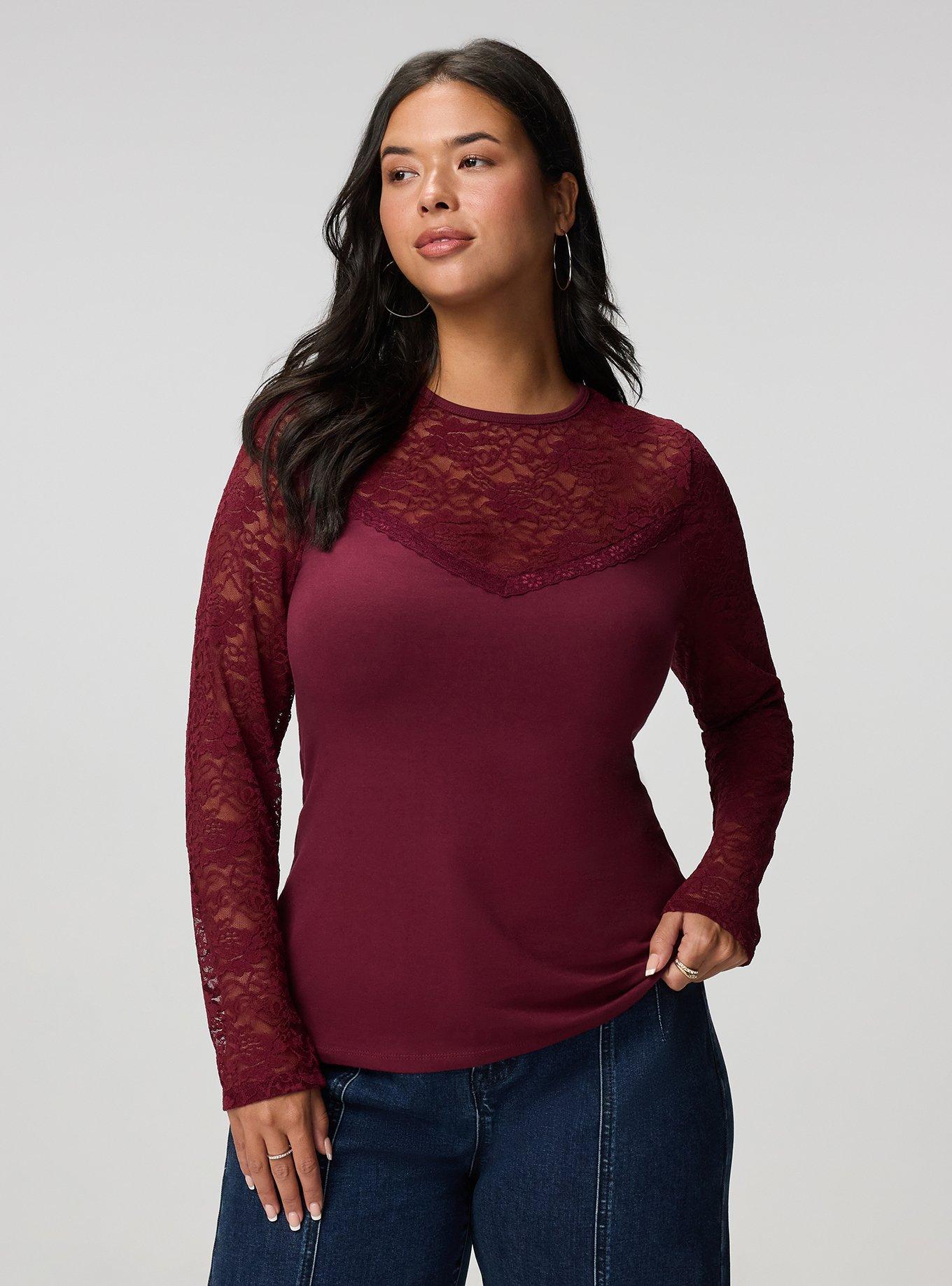 Foxy Lace Crew Top, MAROON BANNER, hi-res