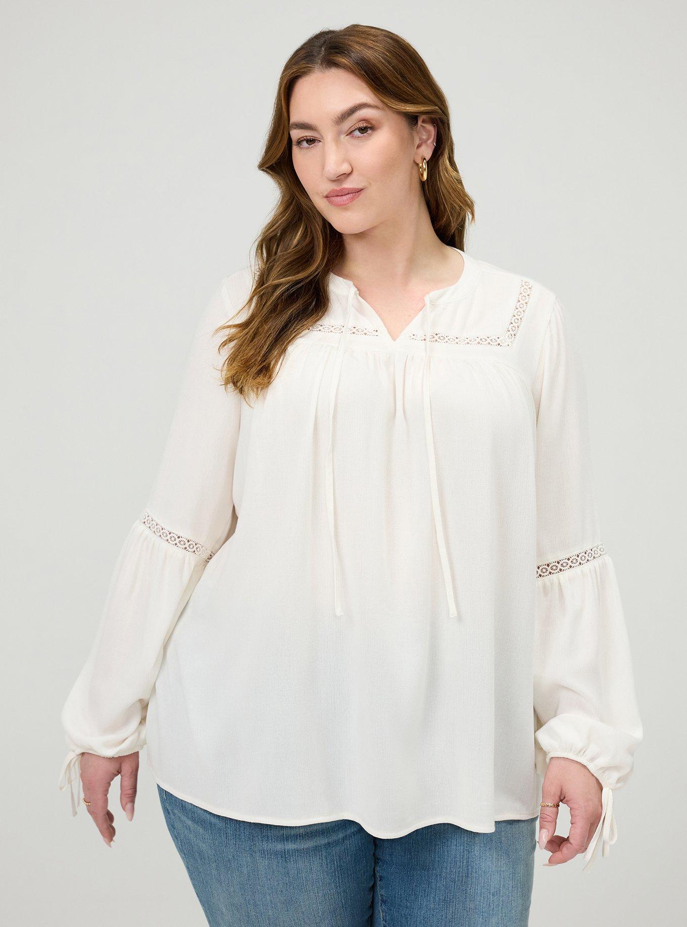 Plus Size Tie-Front Long Sleeve Blouse, WHISPER WHITE, hi-res