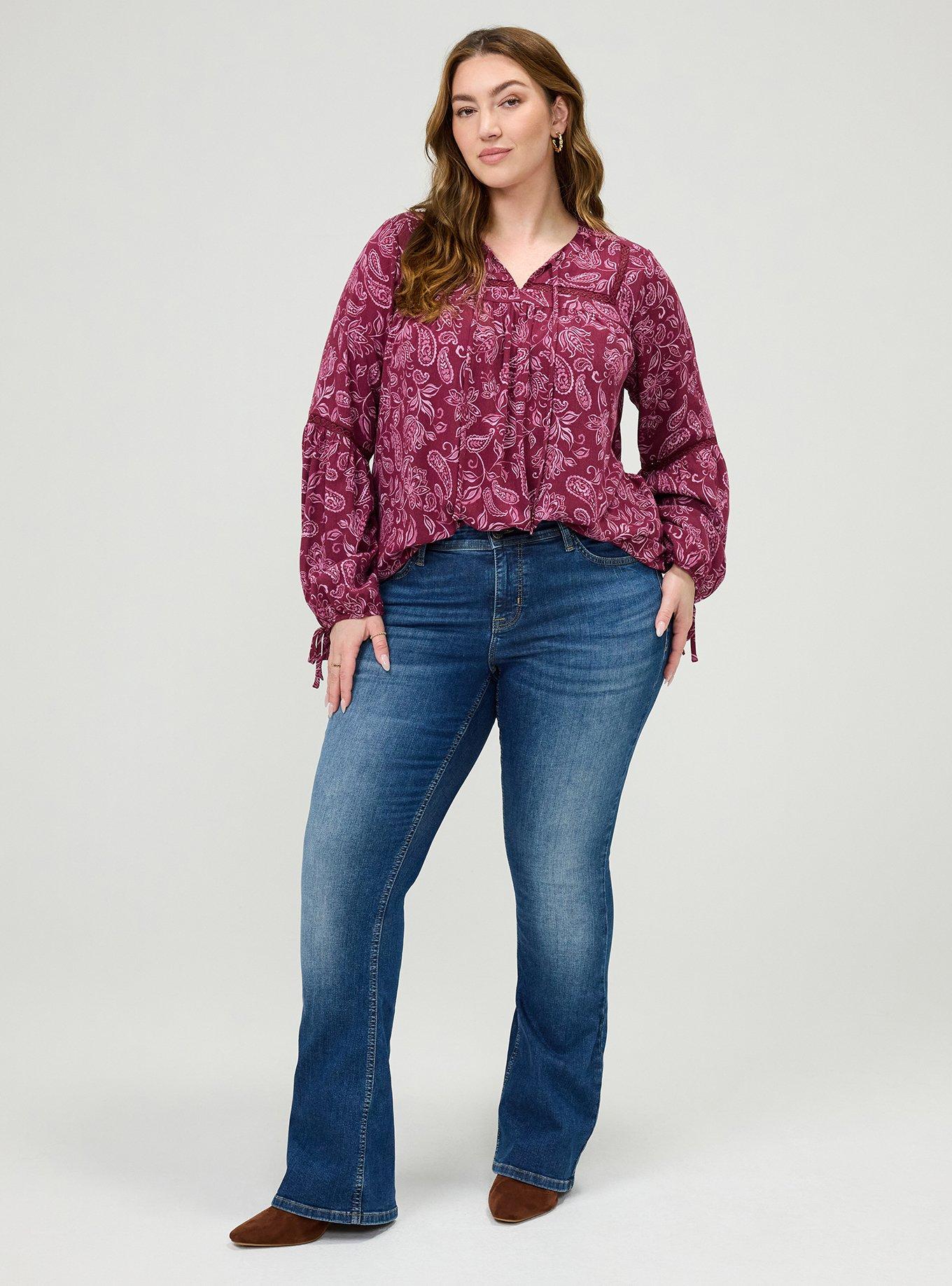 Plus Size Tie-Front Long Sleeve Blouse, YAYA PAISLEY BURGUNDY, alternate