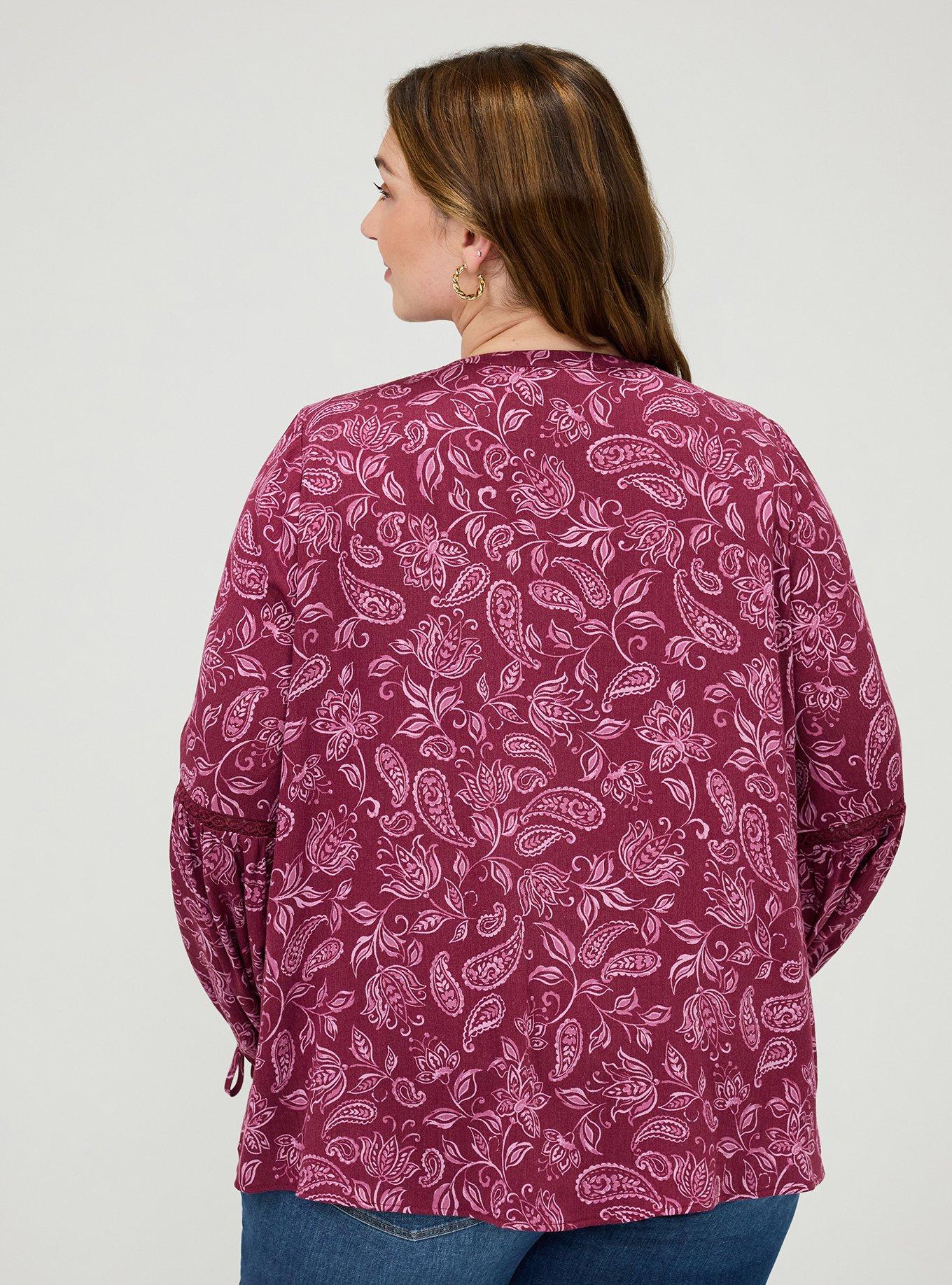 Plus Size Tie-Front Long Sleeve Blouse, YAYA PAISLEY BURGUNDY, alternate