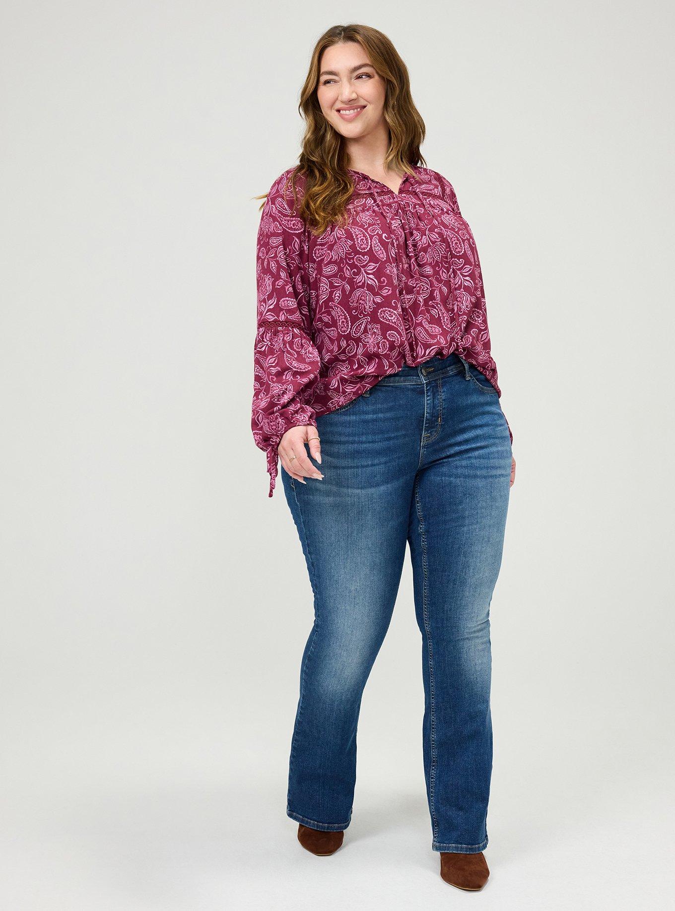 Plus Size Tie-Front Long Sleeve Blouse, YAYA PAISLEY BURGUNDY, alternate