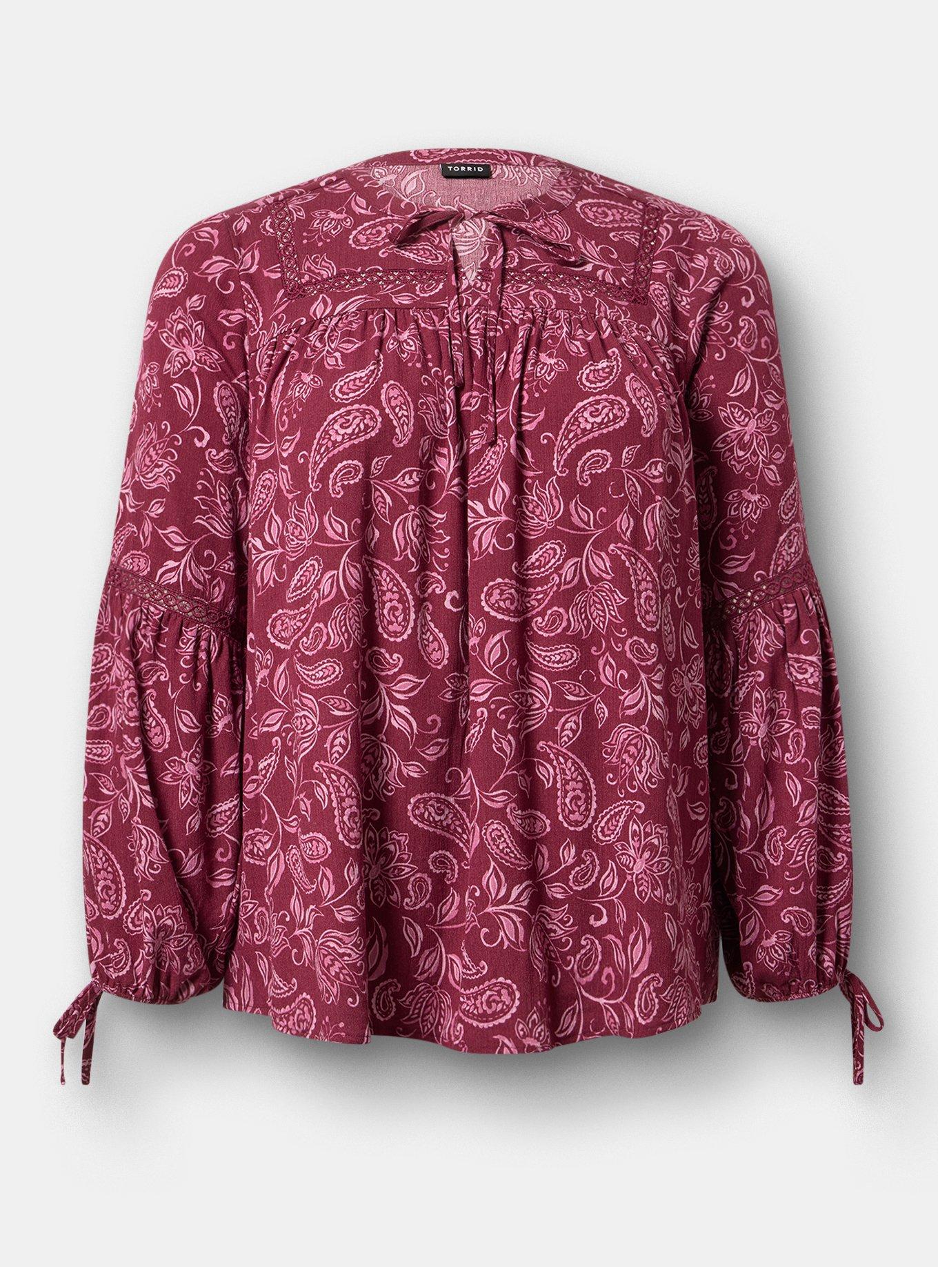 Plus Size Tie-Front Long Sleeve Blouse, YAYA PAISLEY BURGUNDY, flat