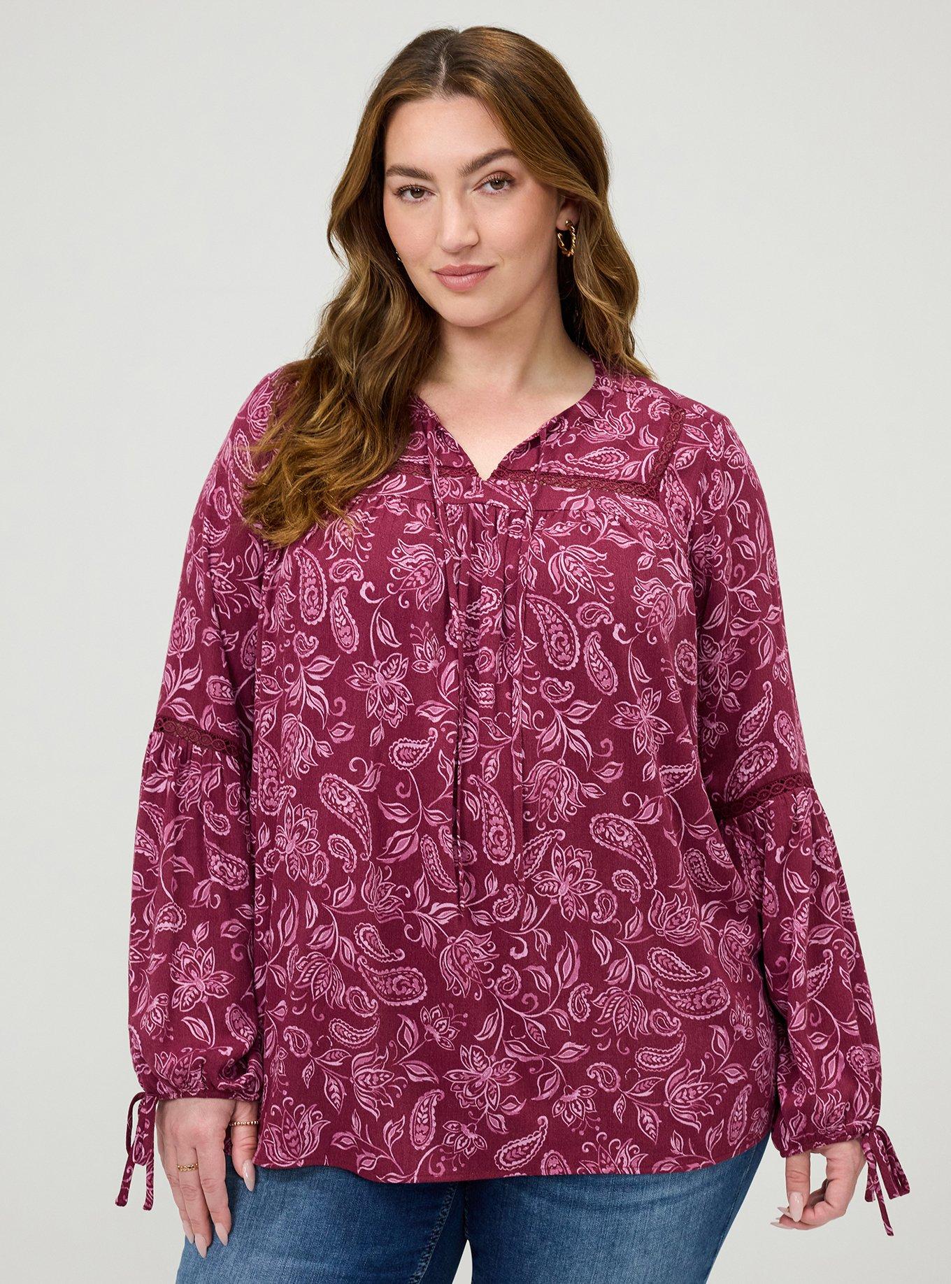 Plus Size Tie-Front Long Sleeve Blouse, YAYA PAISLEY BURGUNDY, hi-res