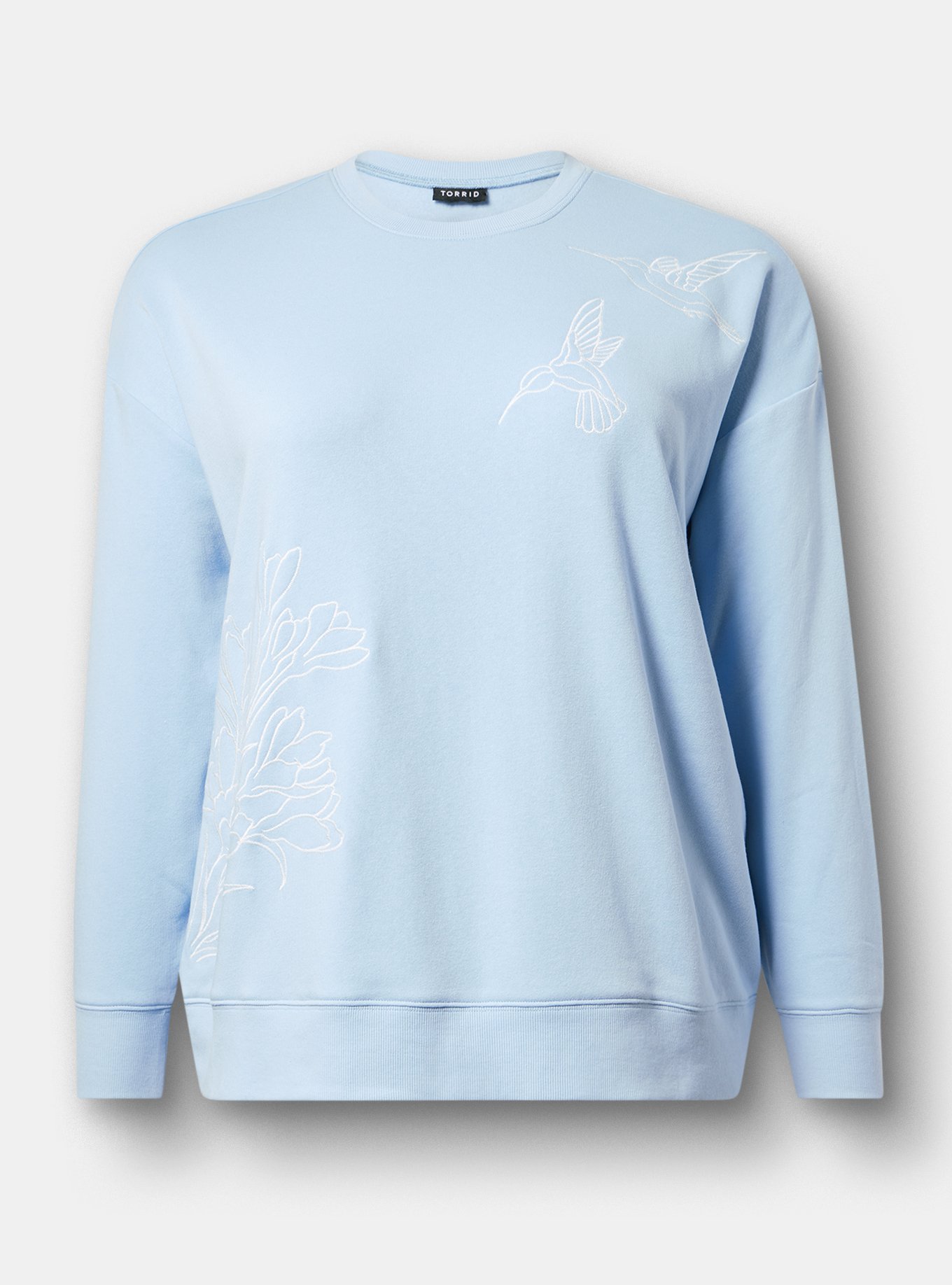 Cozy Fleece Crew Drop Shoulder Sweatshirt, CORCUS BIRDS CHAMBRAY BLUE, hi-res